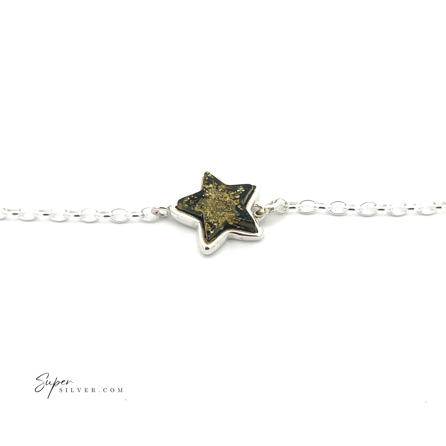 
                  
                    The Simple Amber Star Bracelet is a minimalist chain bracelet that showcases a sterling silver star-shaped charm, featuring an enamel center with black and gold on a white background.
                  
                