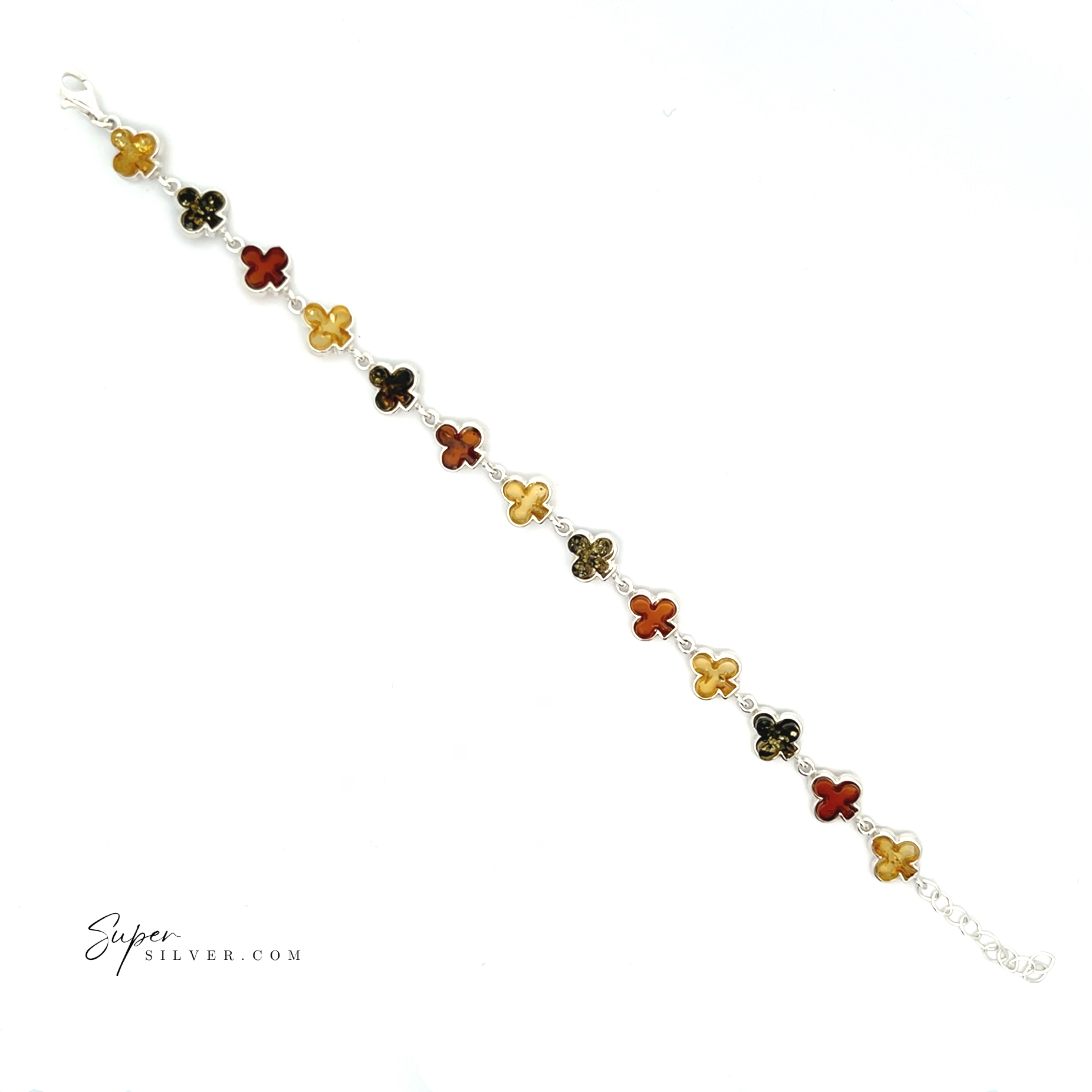 The Amber Card Suit Bracelets feature alternating four-leaf clover charms in yellow, brown, and black enamel on sterling silver, shown against a white background.