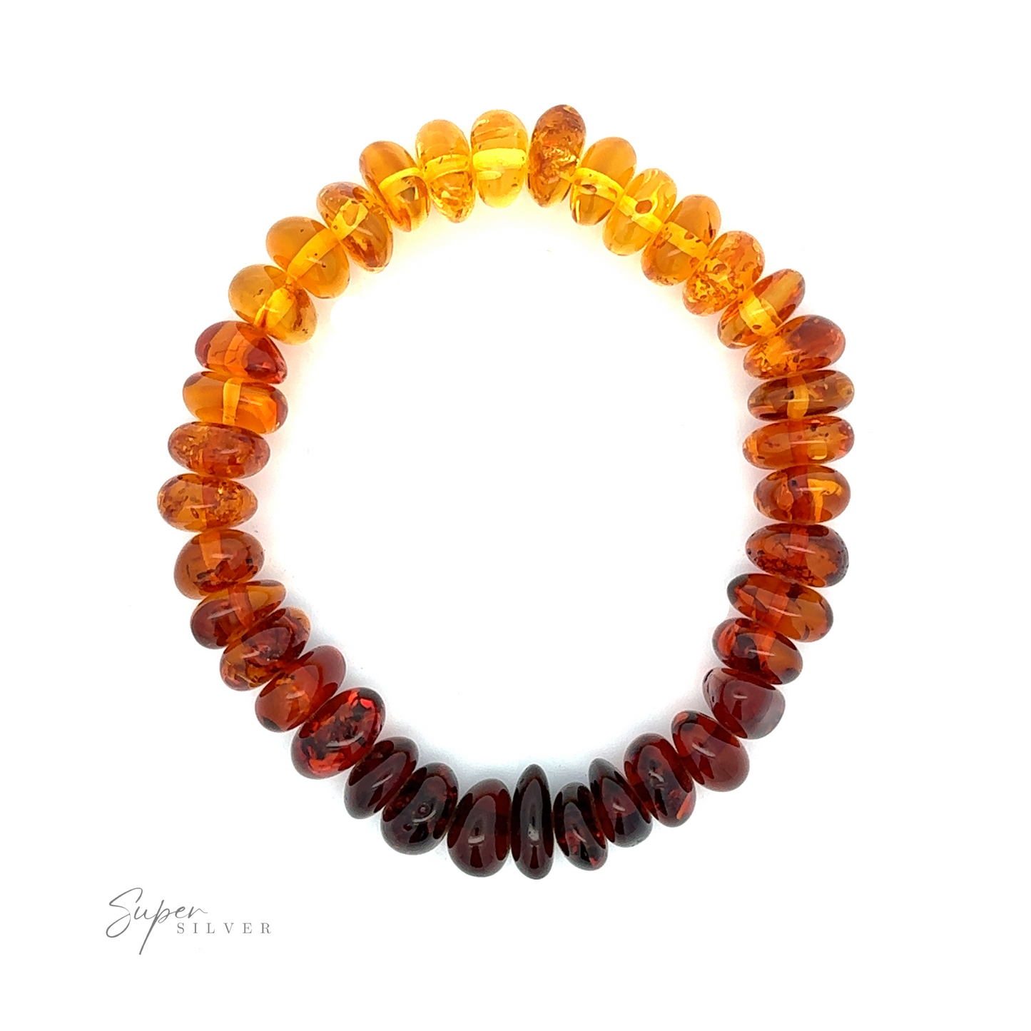 Amber-colored Outstanding Baltic Amber Rondelle Beaded Bracelet arranged in a circular shape against a white background, transitioning from dark amber at the bottom to lighter amber at the top. The words "Super Silver" appear on the left side, enhancing its boho vintage style.