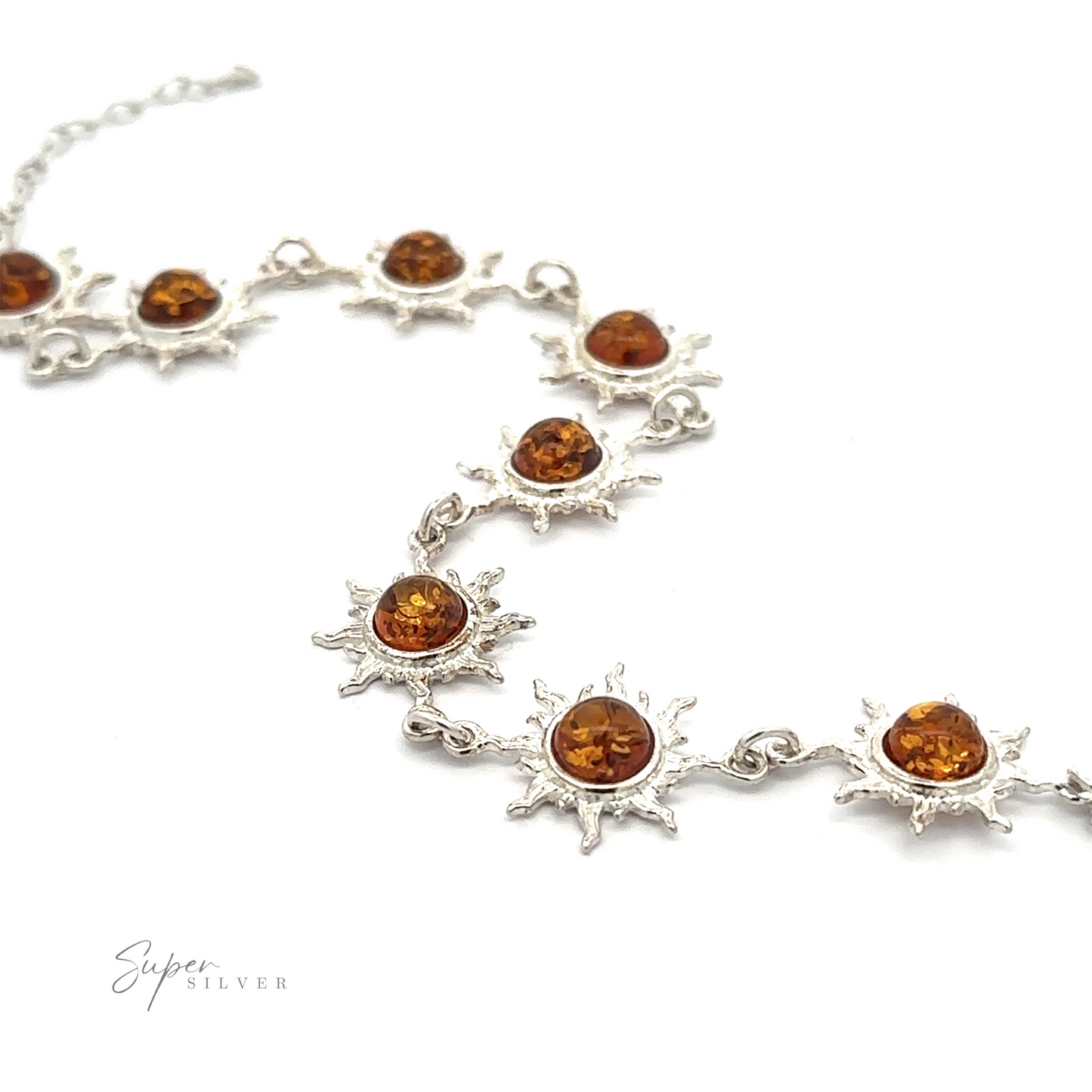 
                  
                    A sterling silver bracelet featuring sun-shaped designs with amber-like stones in the center, displayed on a white background. The brand name "Super Silver" is visible in the bottom left corner, showcasing this exquisite piece of Sparkling Amber Sun Bracelet craftsmanship.
                  
                