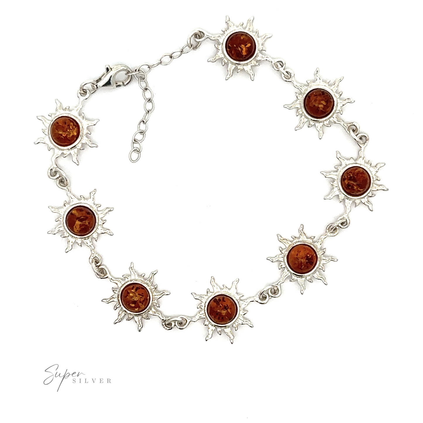 A sterling silver bracelet featuring small sun-shaped links, each with a round cognac amber gemstone at the center. This Sparkling Amber Sun Bracelet has an adjustable chain clasp.