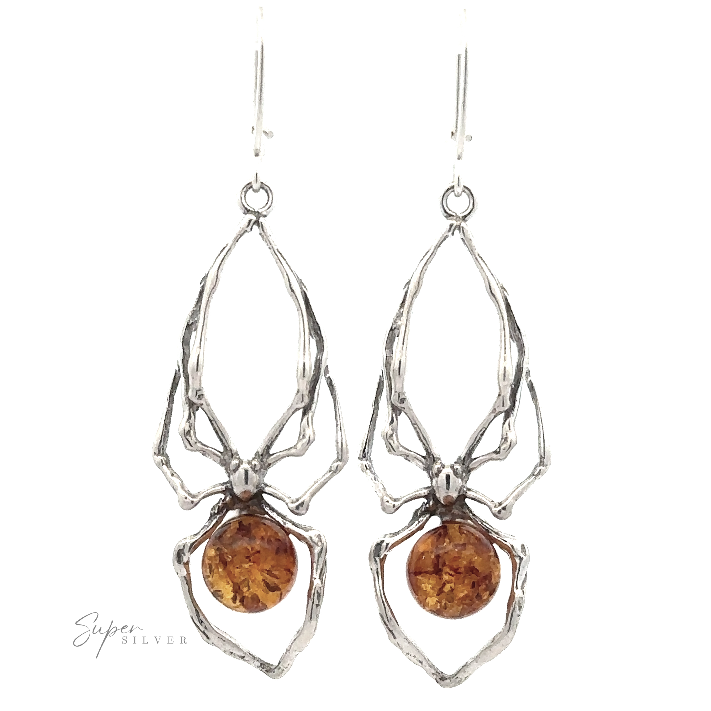 Product Name: Beautiful Amber Spider Earring

Rewrite: 
The Beautiful Amber Spider Earrings feature sterling silver craftsmanship with intricate web-like designs, elegantly showcasing Baltic amber gemstone bodies and delicate hooks.