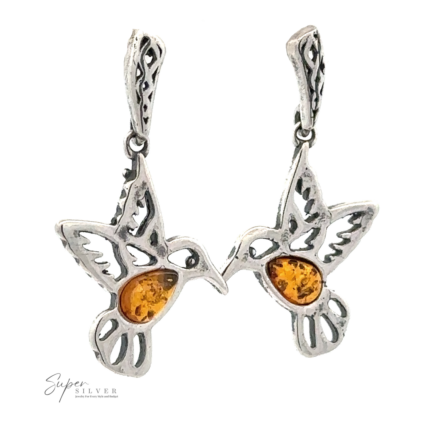 
                  
                    Amber Hummingbird Earrings with intricate designs and amber-colored stones made from Baltic Amber. The brand "Super Silver" is visible in the lower left corner.
                  
                