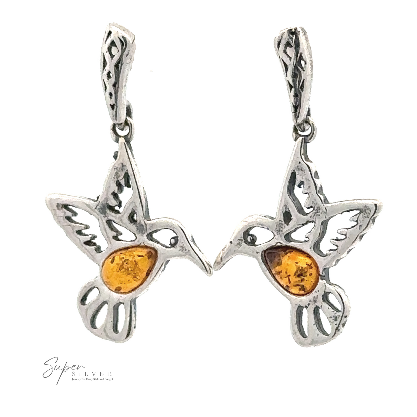 A pair of Amber Hummingbird Earrings, believed to bring good luck.