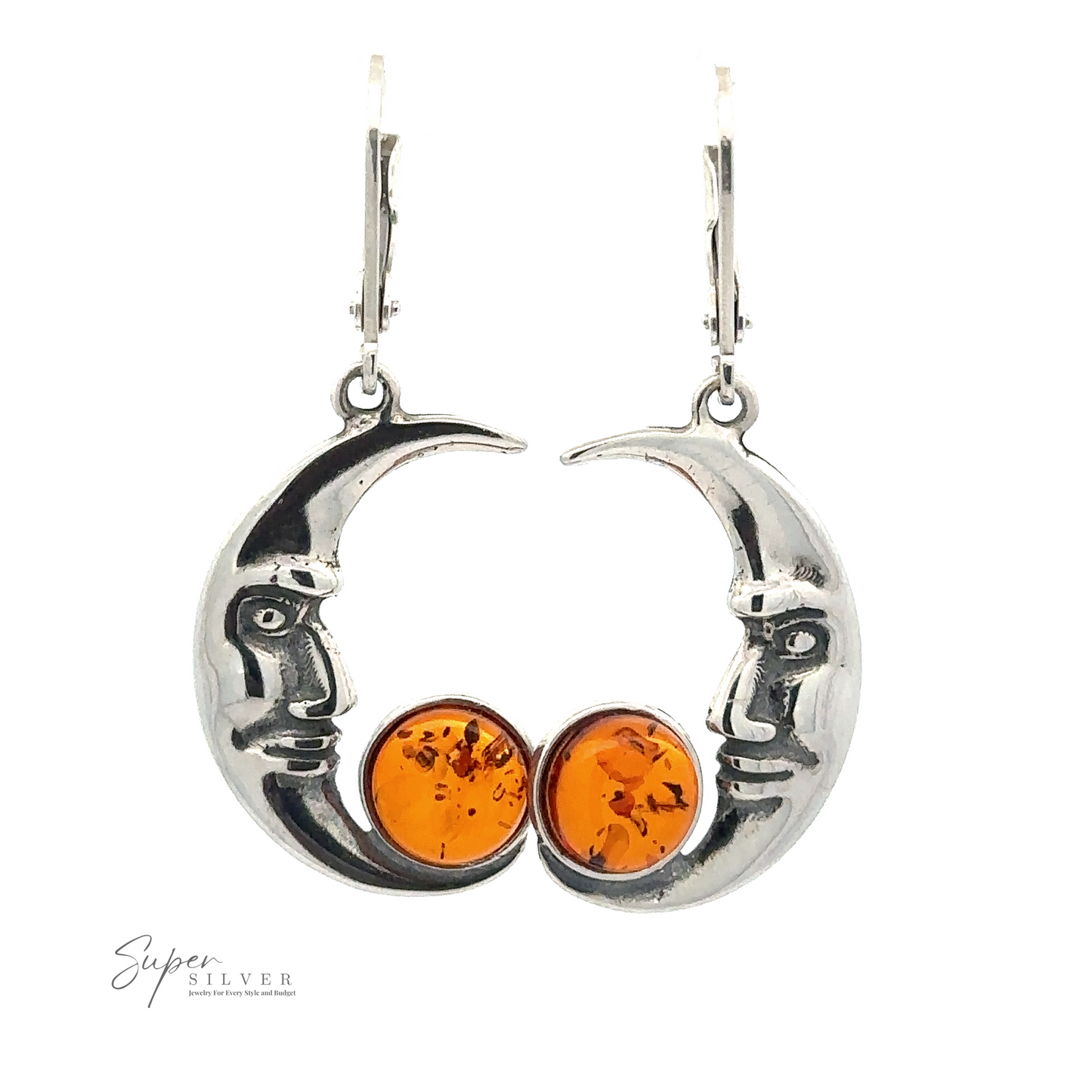 Amber Man-in-the-Moon Earrings with faces, each holding a round Baltic amber gem in the middle. The text "Super Silver" is visible at the bottom left corner.