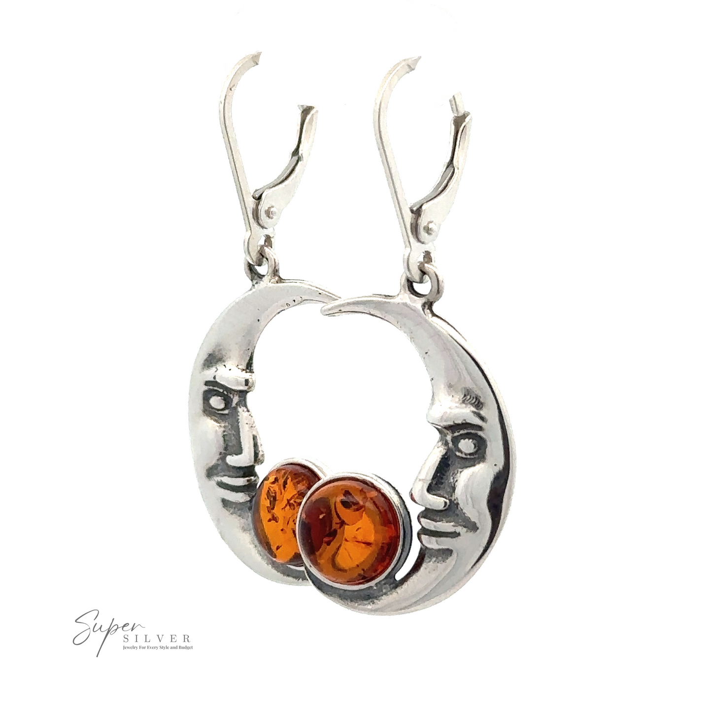 
                  
                    Amber Man-in-the-Moon Earrings with face designs, featuring round Baltic amber stones at the bottom center. The logo "Super Silver" is visible on the left side.
                  
                