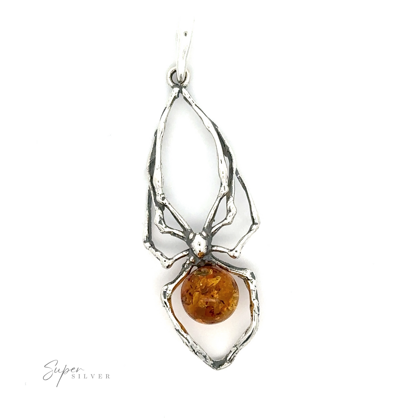
                  
                    Beautiful Amber Spider Pendant with a Baltic amber gemstone centerpiece on a white background.
                  
                