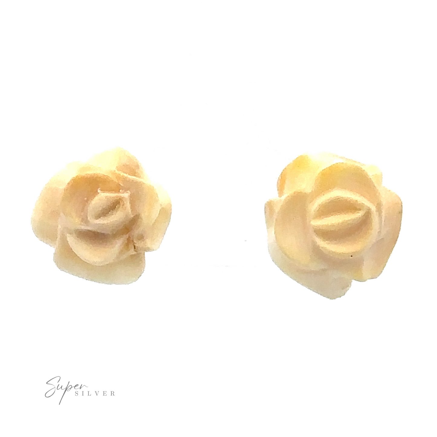 
                  
                    A pair of Butterscotch Amber Rose Studs made from a light-colored material against a white background. Super Silver logo at the bottom left corner.
                  
                