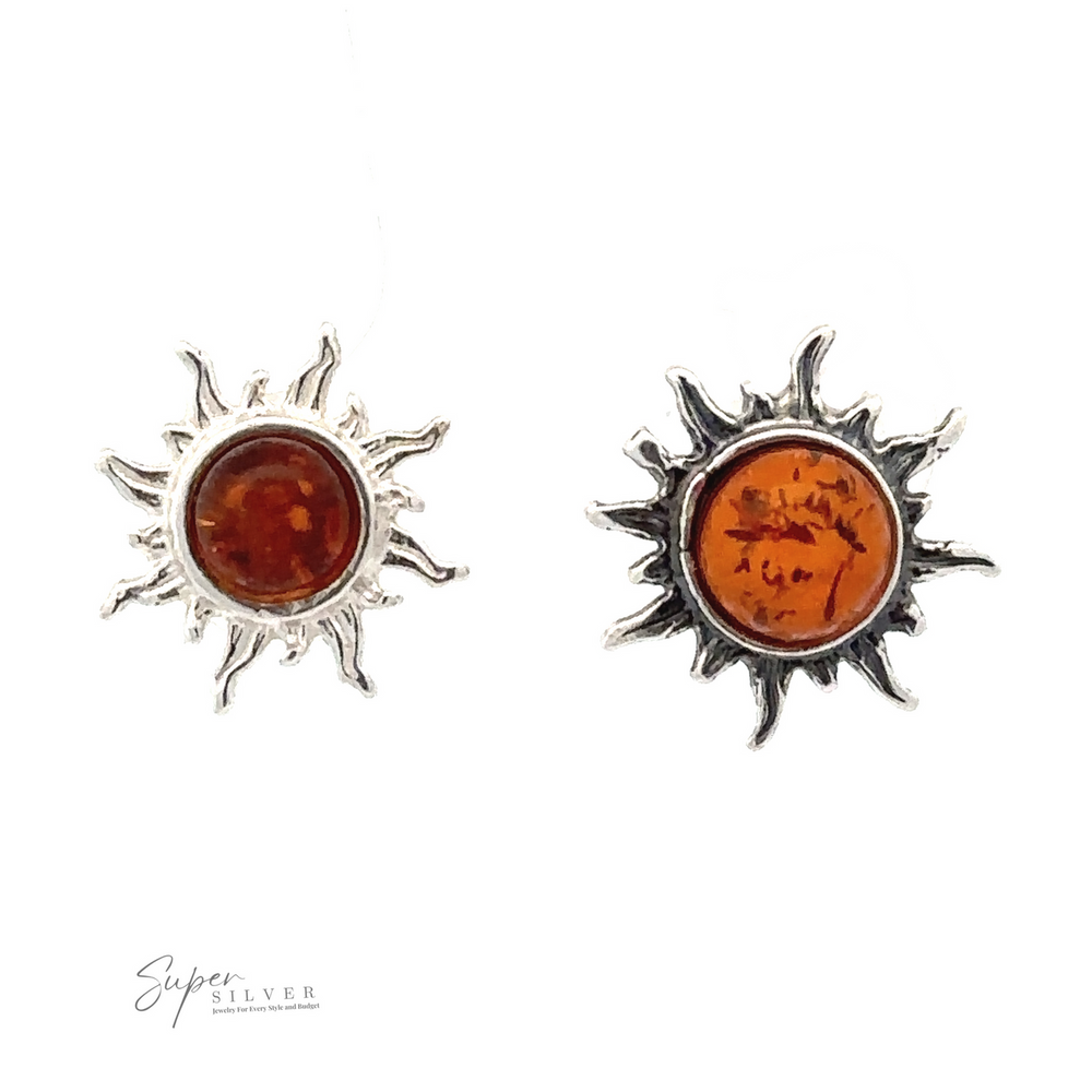 Two round, silver Brilliant Amber Sun Stud Earrings with Baltic amber centers are displayed against a white background. The logo "Super Silver" is visible in the bottom left corner.