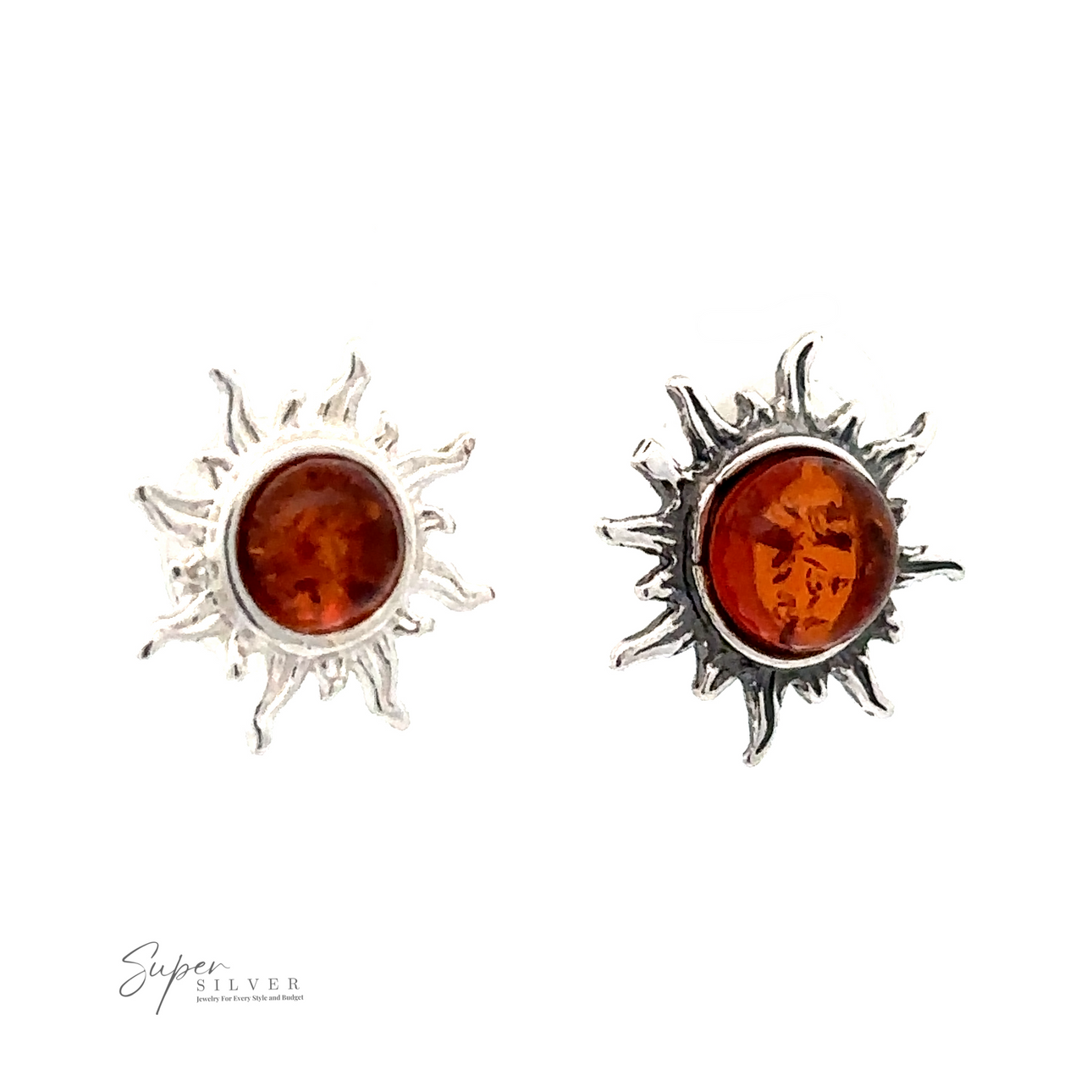 
                  
                    A pair of Brilliant Amber Sun Stud Earrings with Baltic amber center stones, displayed against a white background. The logo "Super Silver" appears in the bottom left corner.
                  
                