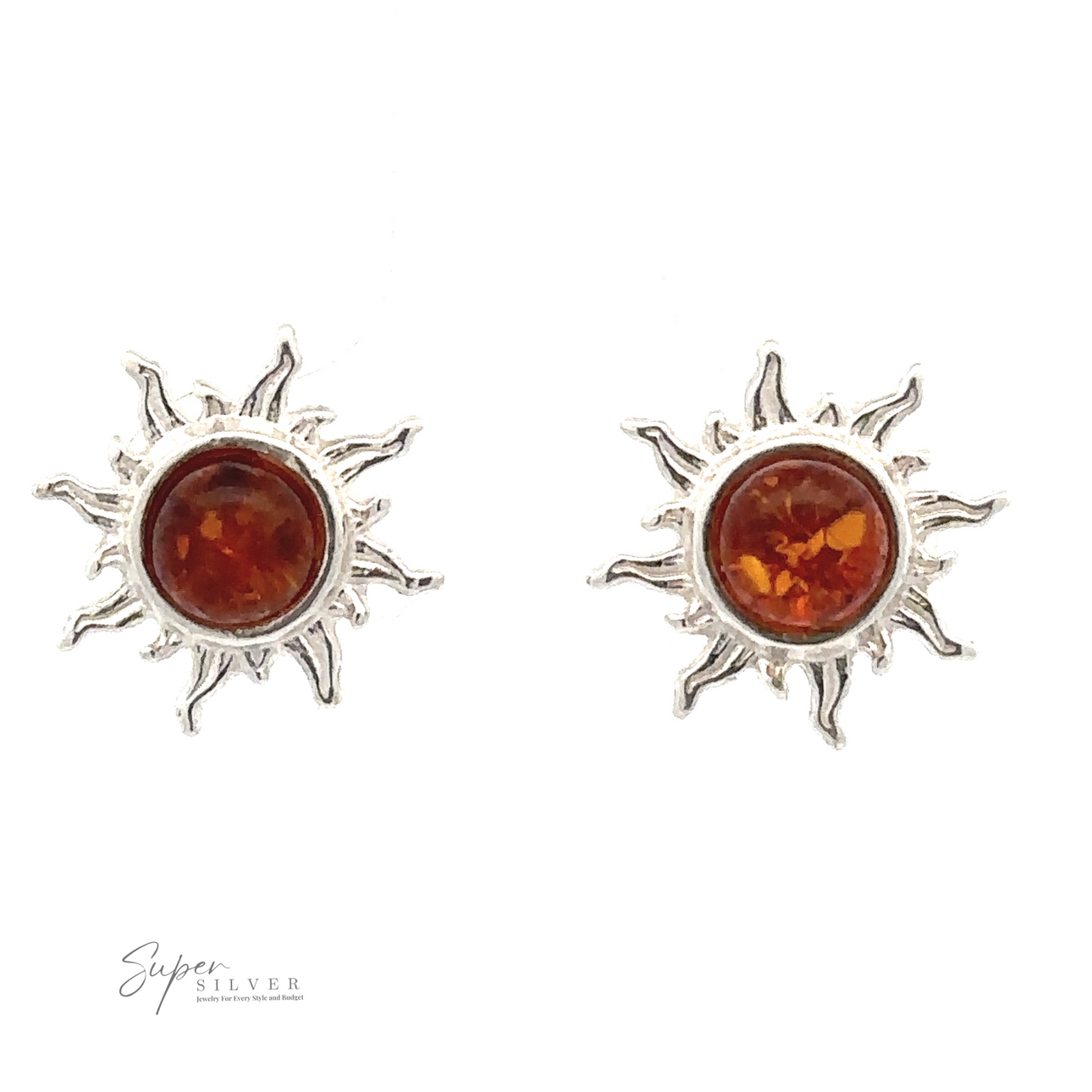 
                  
                    A pair of Brilliant Amber Sun Stud Earrings with amber-colored central gems crafted from Baltic amber set against a white background. The "Super Silver" logo graces the bottom left corner.

                  
                
