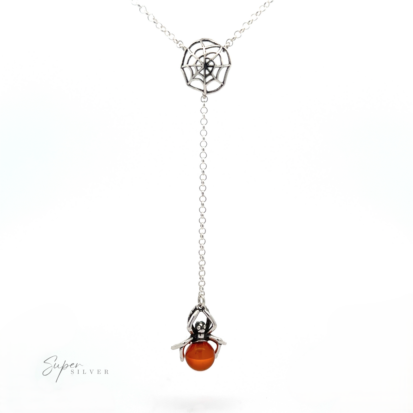 
                  
                    A Baltic Amber Spider Necklace with a spider and web pendant design, exuding a witchy vibe. The spider, suspended from the web by a chain, features a Baltic amber gemstone as its body. "Super Silver" is written in the bottom left corner.
                  
                