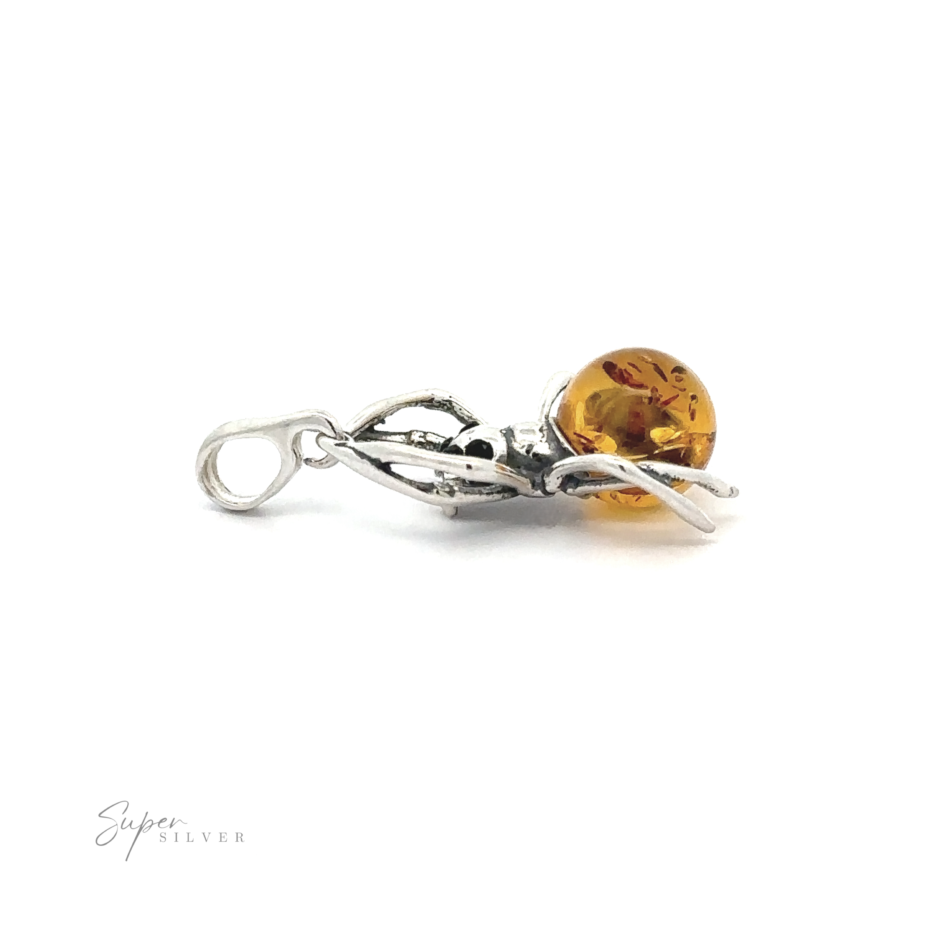 A silver pendant featuring an orange amber sphere with intricate silver detailing wrapping around the amber, resembling a Baltic Amber Spider Pendant with Onyx Eyes. The pendant includes a loop for attaching to a necklace. The "Super Silver" logo is at the bottom left, perfect for Gothic fashion enthusiasts.