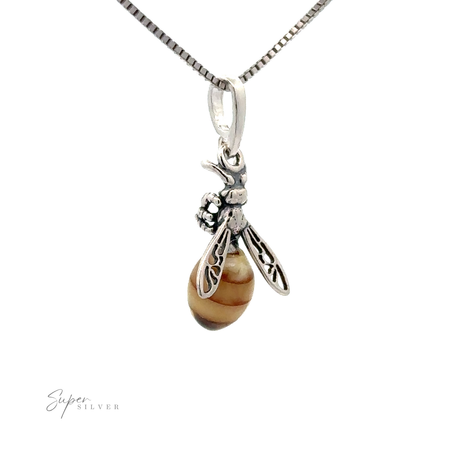 
                  
                    A Beautiful Amber Yellow Jacket Pendant with detailed wings and a polished, amber-colored drop of Baltic amber hangs from a silver chain against a white background.
                  
                