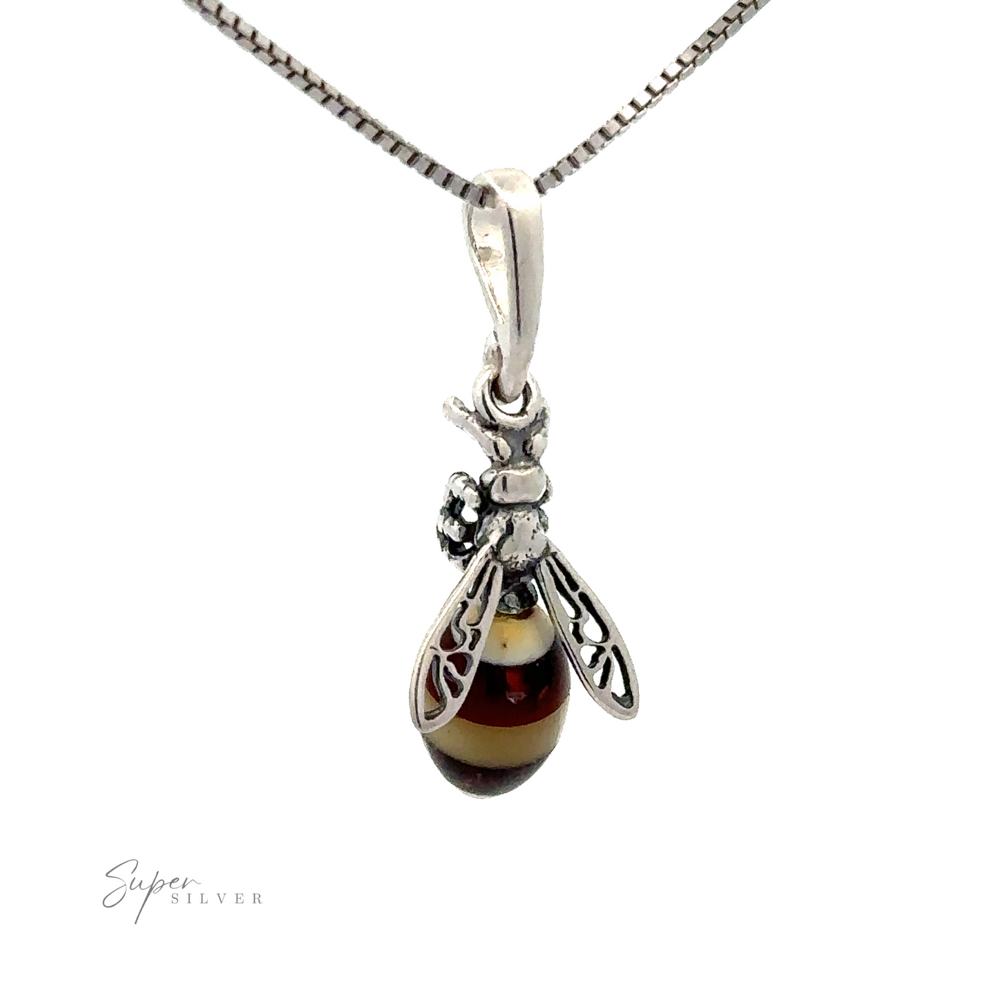
                  
                    A sterling silver jewelry piece, this Beautiful Amber Yellow Jacket Pendant in the shape of a bee with a striped body hangs from a chain, displayed against a white background. The amber pendant features intricate detailing on the wings and body, adding elegance to its design.

                  
                
