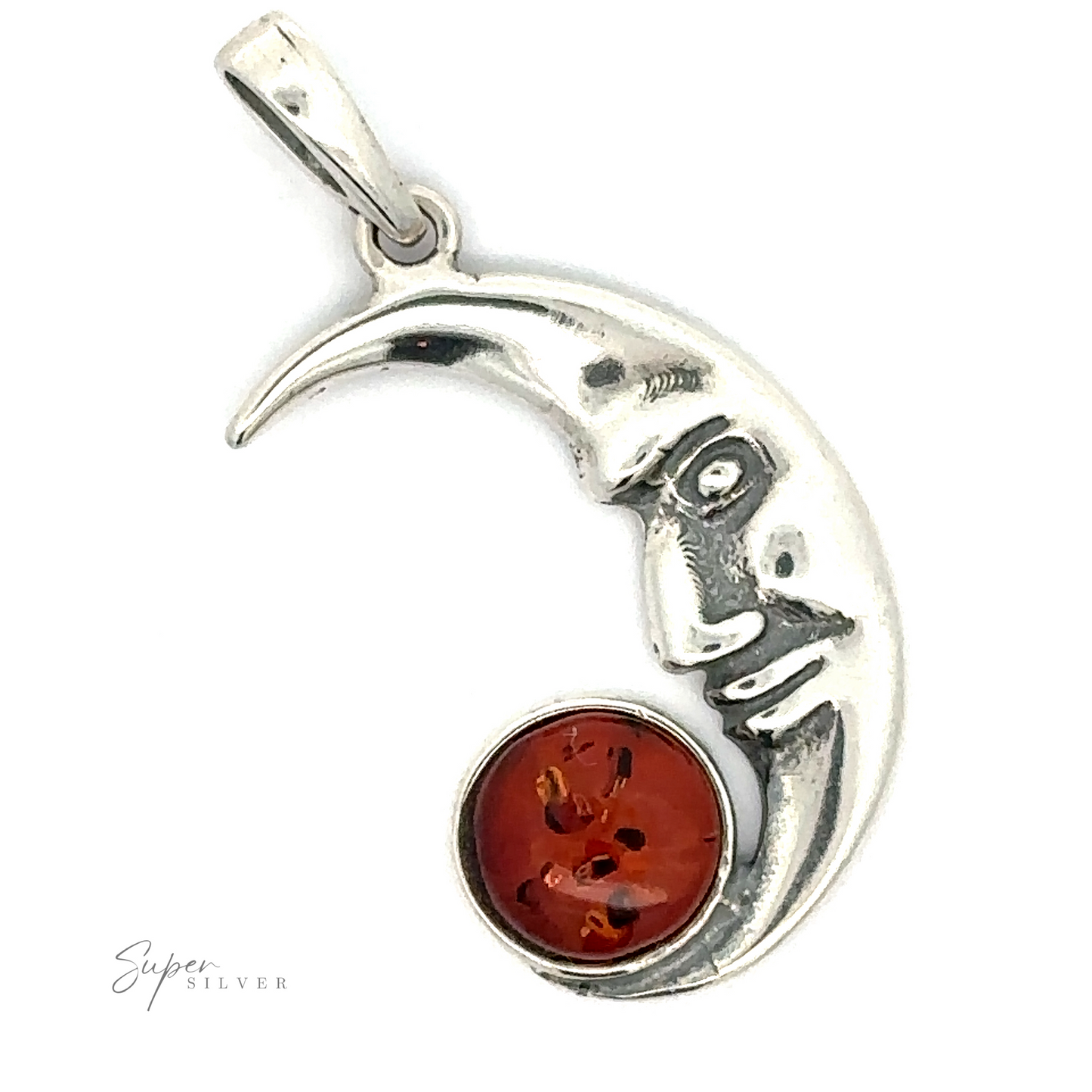 Baltic Amber Man in the Moon Pendant with an embedded Baltic amber gemstone at its base.