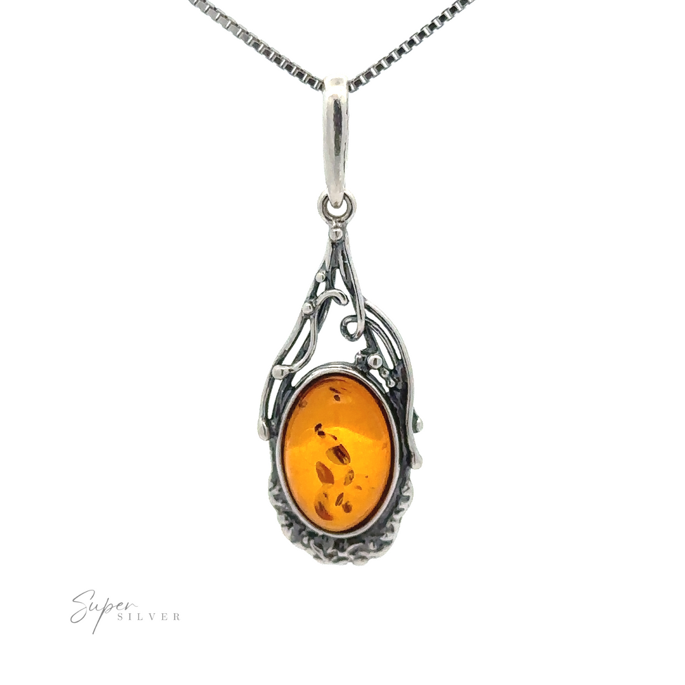 
                  
                    A vintage-styled silver necklace features a striking Antique Style Amber Pendant encased in an intricate Sterling Silver setting. The chain is thin and delicate, adding an elegant touch. The image includes a "Super Silver" logo at the bottom left corner.
                  
                