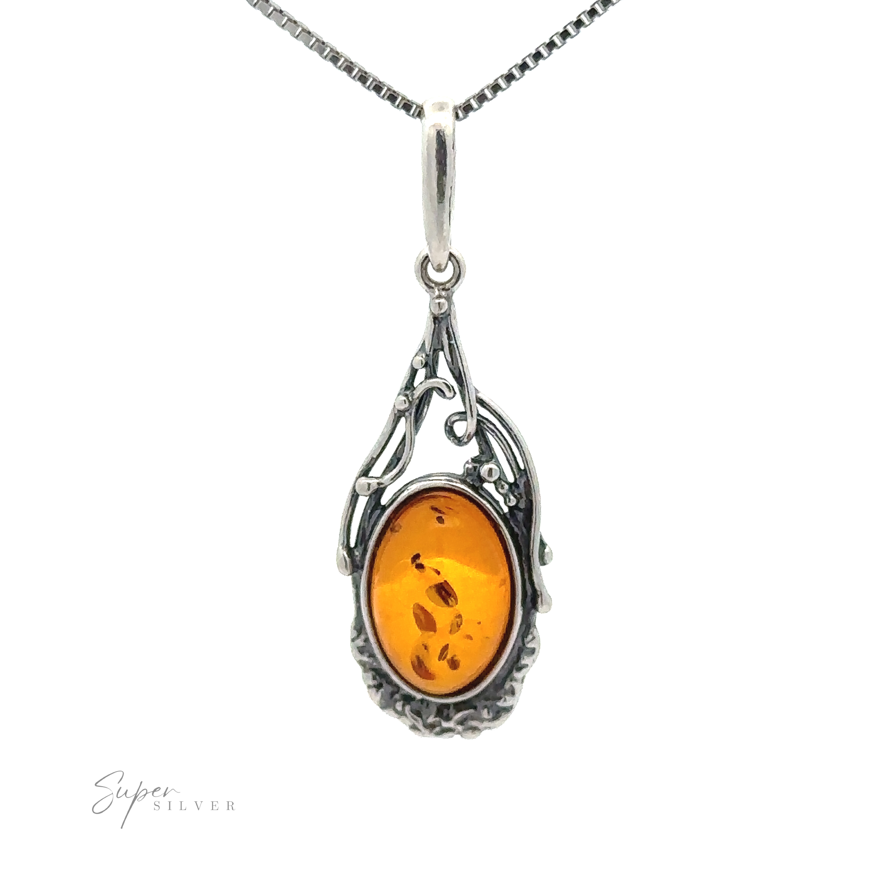A vintage-styled silver necklace features a striking Antique Style Amber Pendant encased in an intricate Sterling Silver setting. The chain is thin and delicate, adding an elegant touch. The image includes a "Super Silver" logo at the bottom left corner.