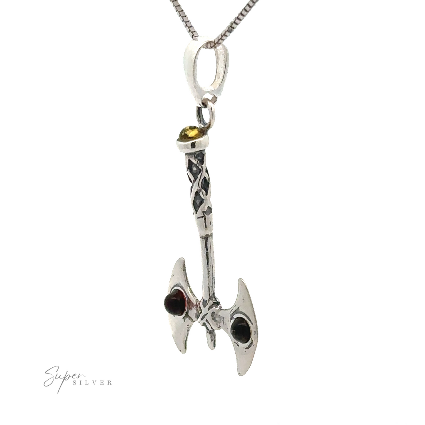 
                  
                    A silver necklace featuring an Amber Accented Battle Axe Pendant adorned with small yellow and dark red stones. The pendant hangs from a thin chain, exuding the spirit of warrior courage.
                  
                