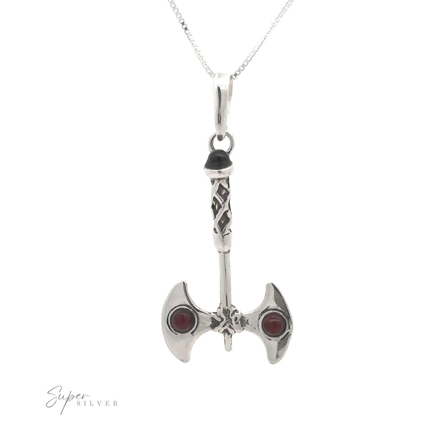 
                  
                    A silver Amber Accented Battle Axe Pendant with two red stones embedded on the blade, hanging from a delicate chain. The logo "Super Silver" is present in the bottom left corner.
                  
                