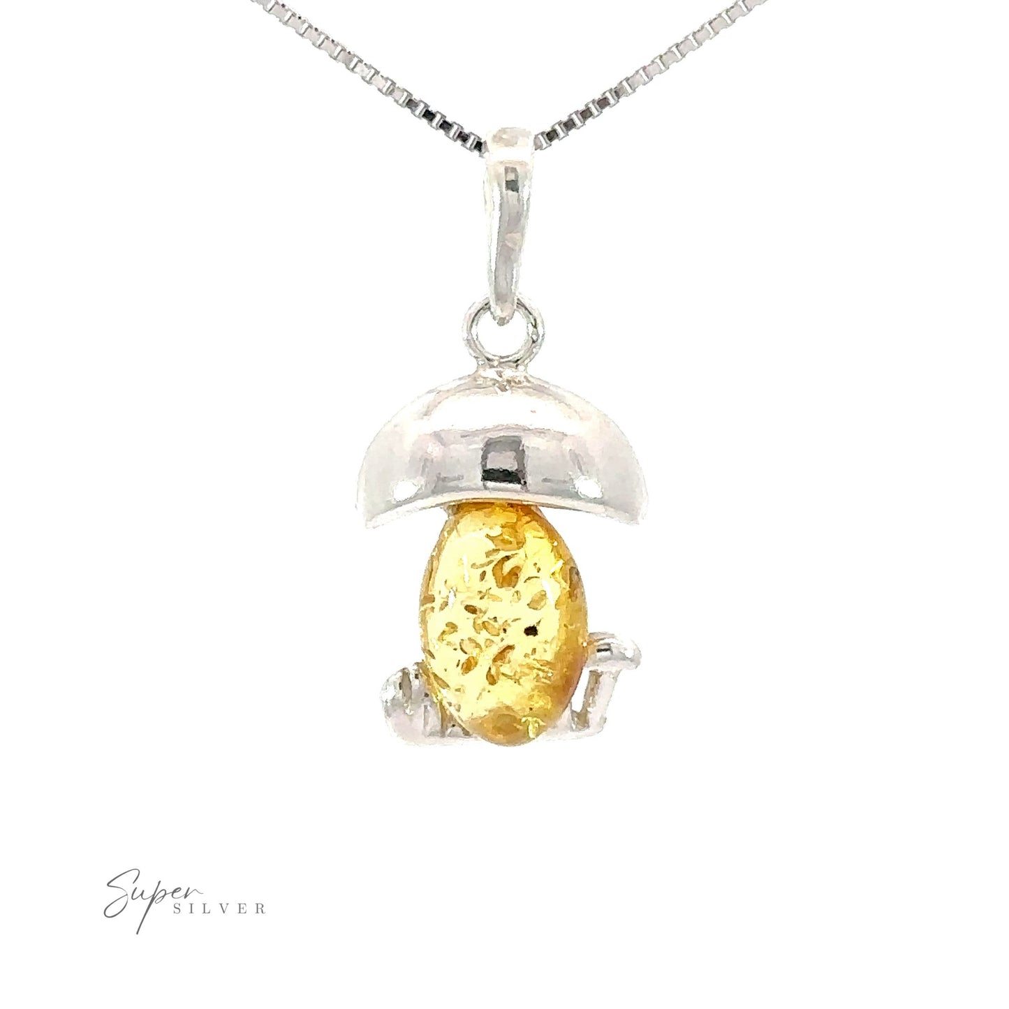 
                  
                    Amber Mushroom Pendant in sterling silver, featuring a funky and unique design inspired by Mother Nature's charm.
                  
                
