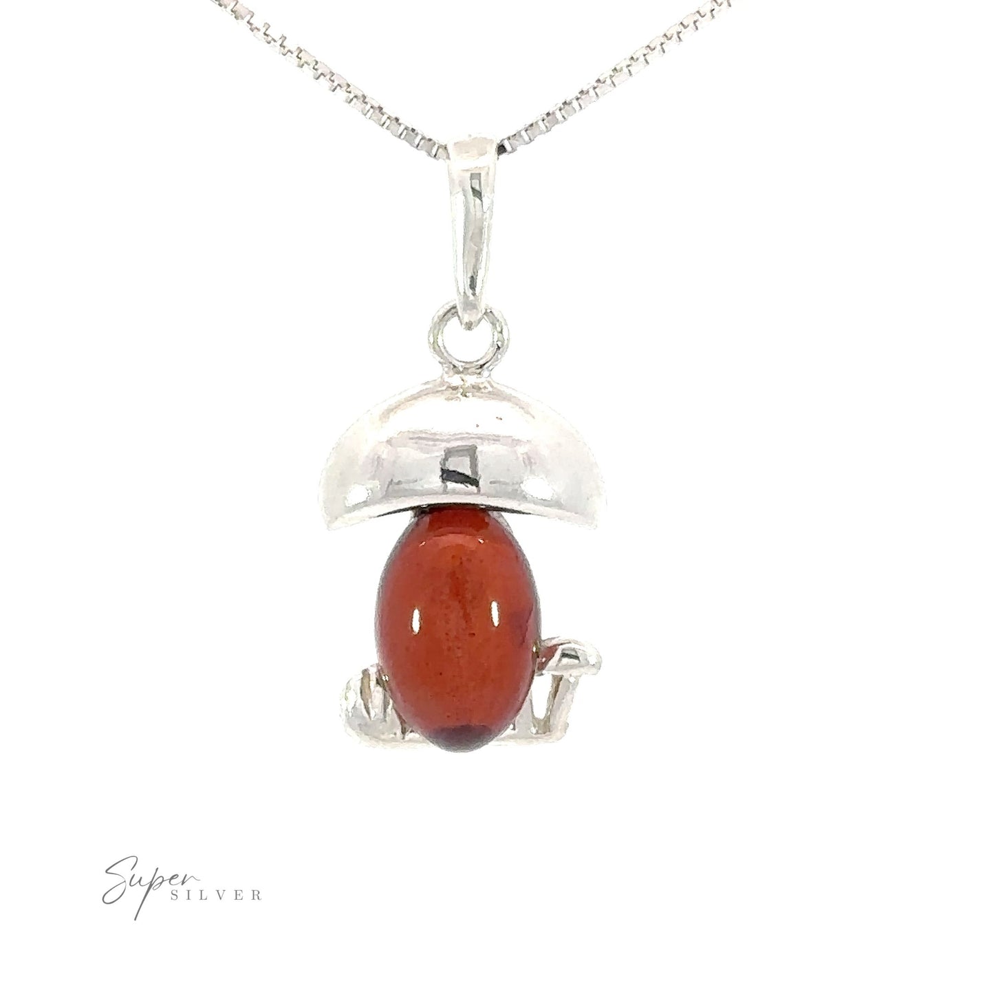 
                  
                    Amber Mushroom pendant with a red amber stone on a silver chain.
                  
                