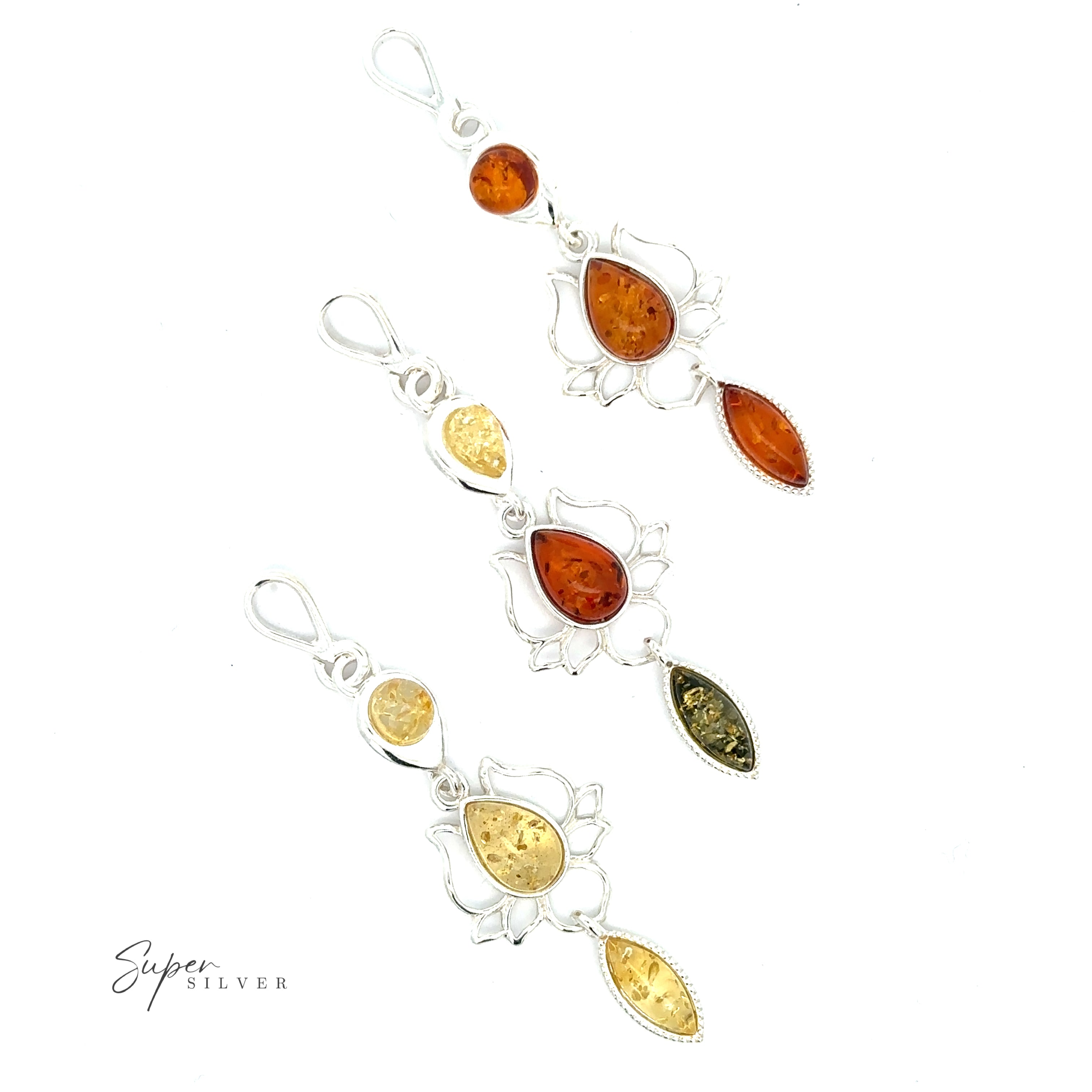 Amber Lotus Flower Pendant Baltic amber dangle earrings exuding boho chic sophistication.