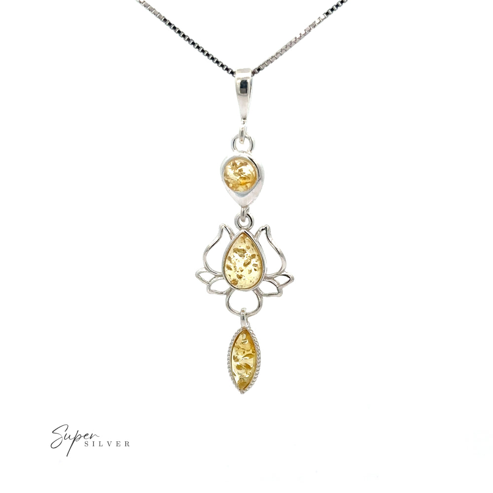 
                  
                    A boho chic Amber Lotus Flower Pendant with a yellow citrine stone.
                  
                