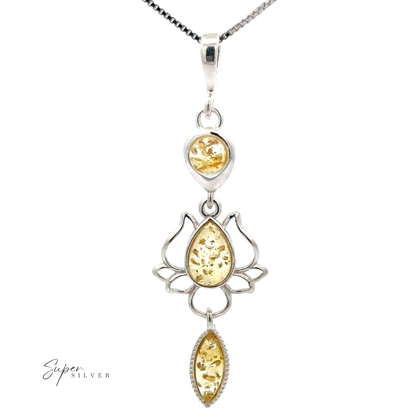 
                  
                    An Amber Lotus Flower Pendant necklace that exudes boho chic sophistication in sterling silver.
                  
                