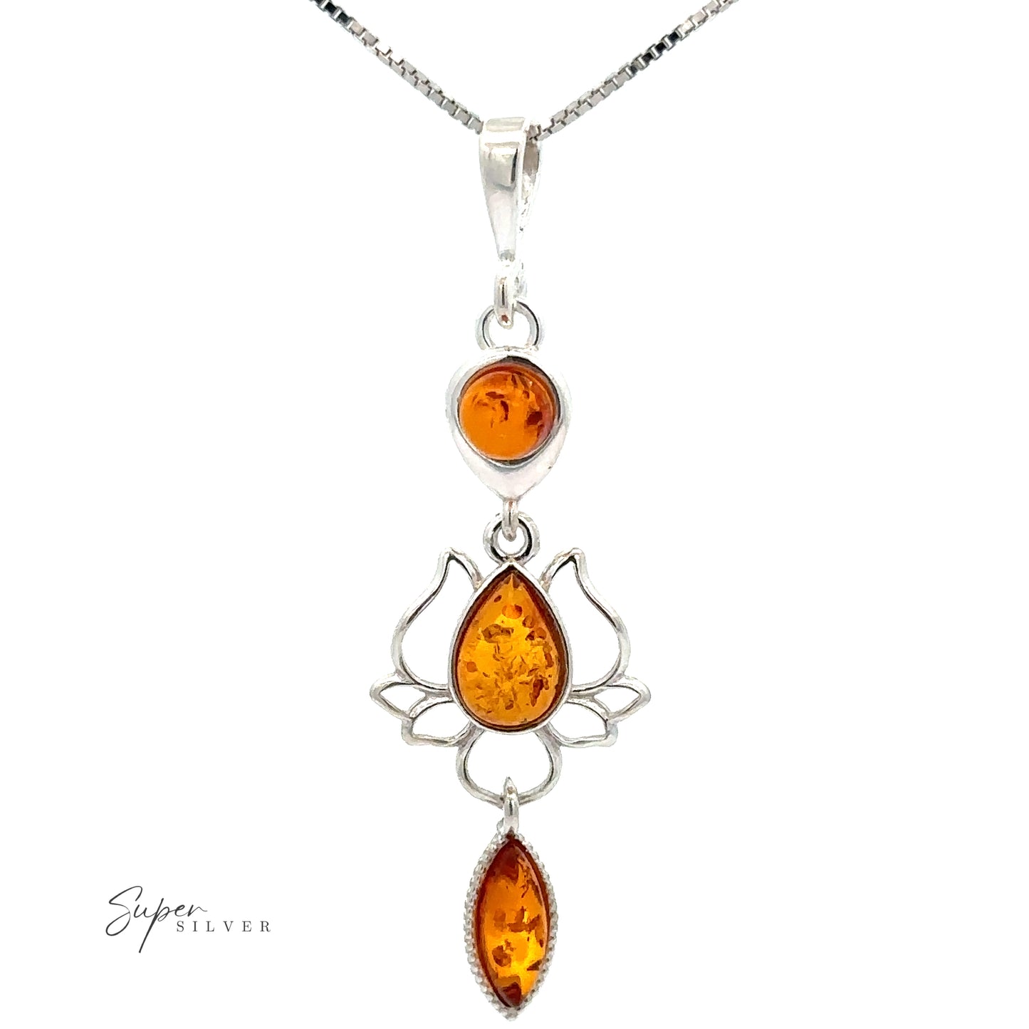 Amber Lotus Flower Pendant on a sterling silver chain exuding sophistication.