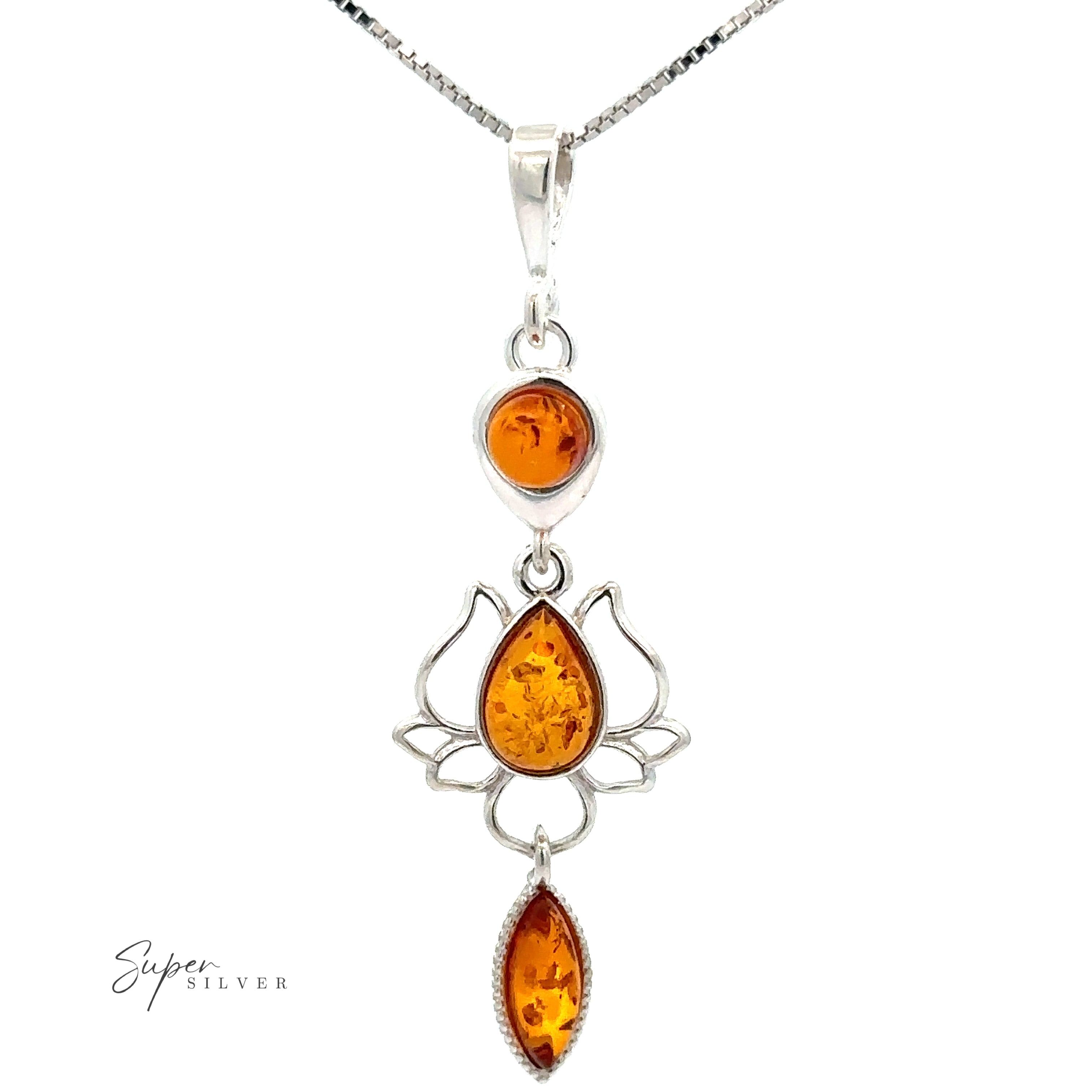 Amber Lotus Flower Pendant on a sterling silver chain exuding sophistication.