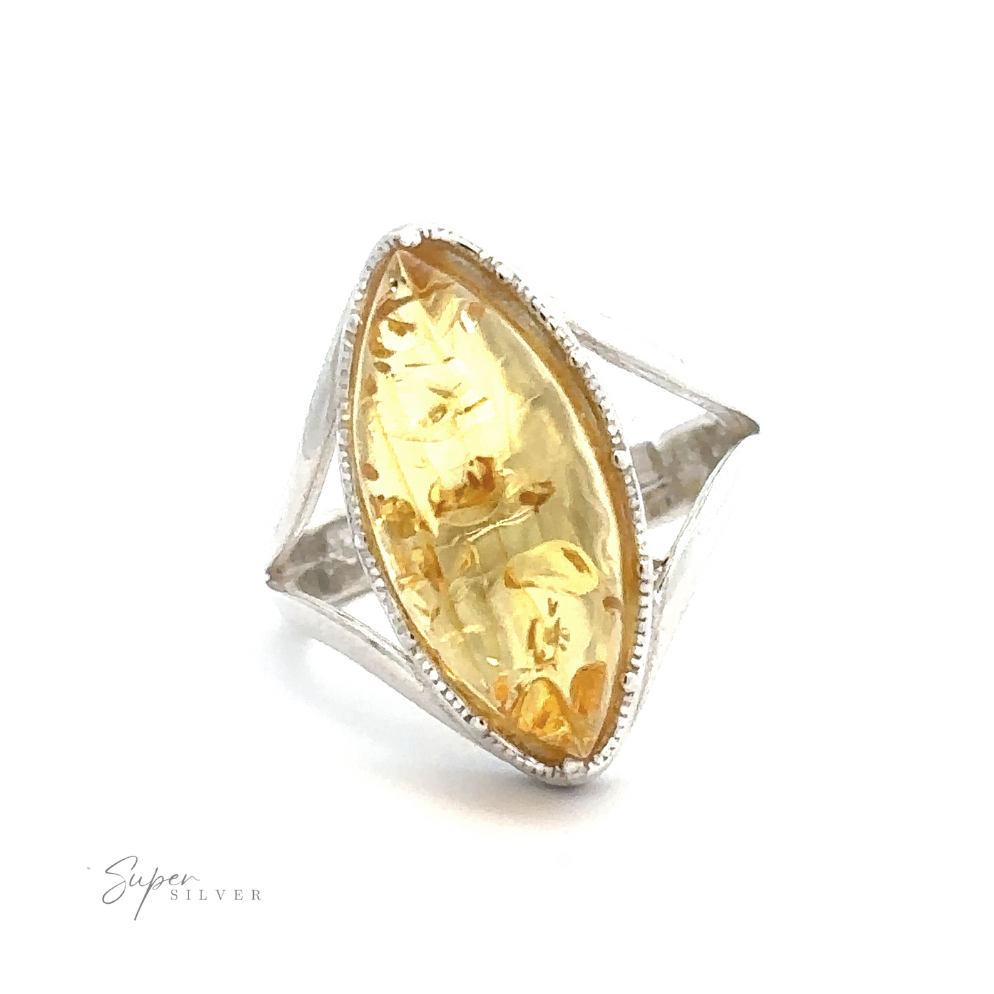 
                  
                    A Marquise-Shaped Baltic Amber Adjustable Ring with a large, marquise-shaped amber gemstone. The band features intricate openwork detailing and is adjustable for perfect fit. The "Super Silver" logo is visible in the bottom left corner.
                  
                