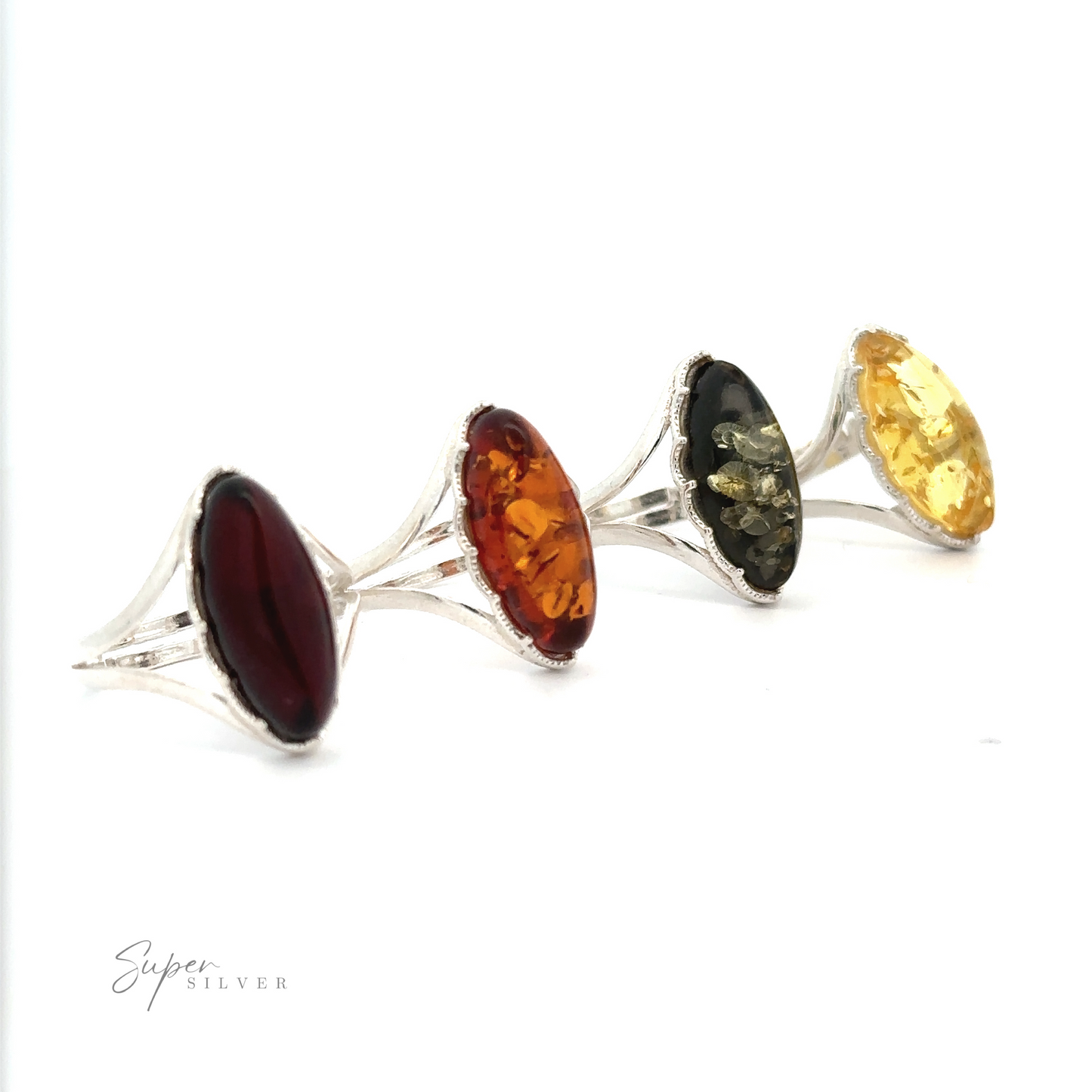 
                  
                    Four silver rings with large oval stones in red, orange, black, and yellow hues arranged in a line on a white background. A Marquise-Shaped Baltic Amber Adjustable Ring stands out among them. Text "Super Silver" is visible in the bottom left corner.
                  
                