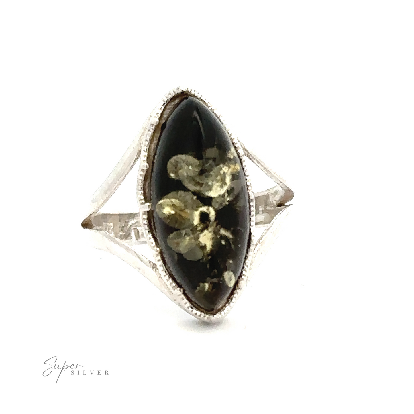 
                  
                    A Marquise-Shaped Baltic Amber Adjustable Ring featuring an elongated, marquise-shaped black gemstone with yellowish floral-like inclusions. The geometric cut-out band is adjustable for a perfect fit. "Super Silver" is elegantly printed at the bottom.
                  
                