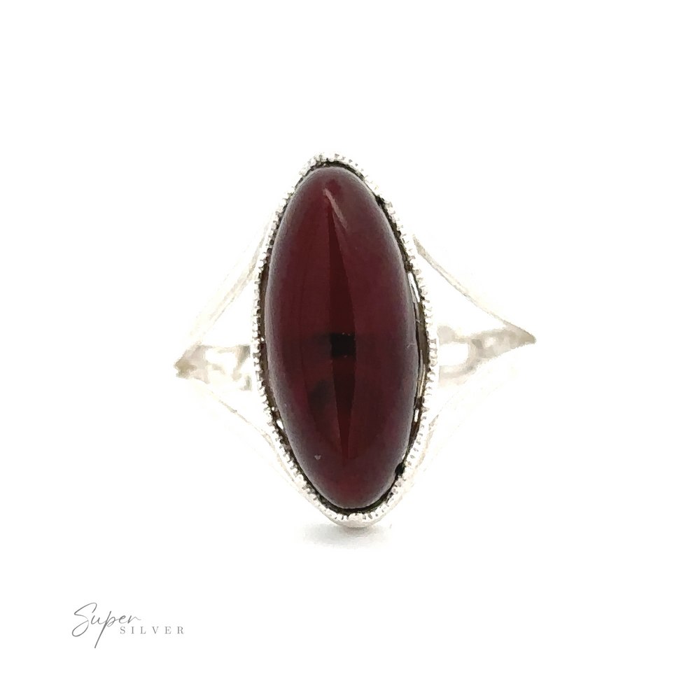 
                  
                    A Marquise-Shaped Baltic Amber Adjustable Ring featuring a long oval-shaped, dark red gemstone set in an adjustable band. The logo "Super Silver" is visible at the bottom left corner.
                  
                