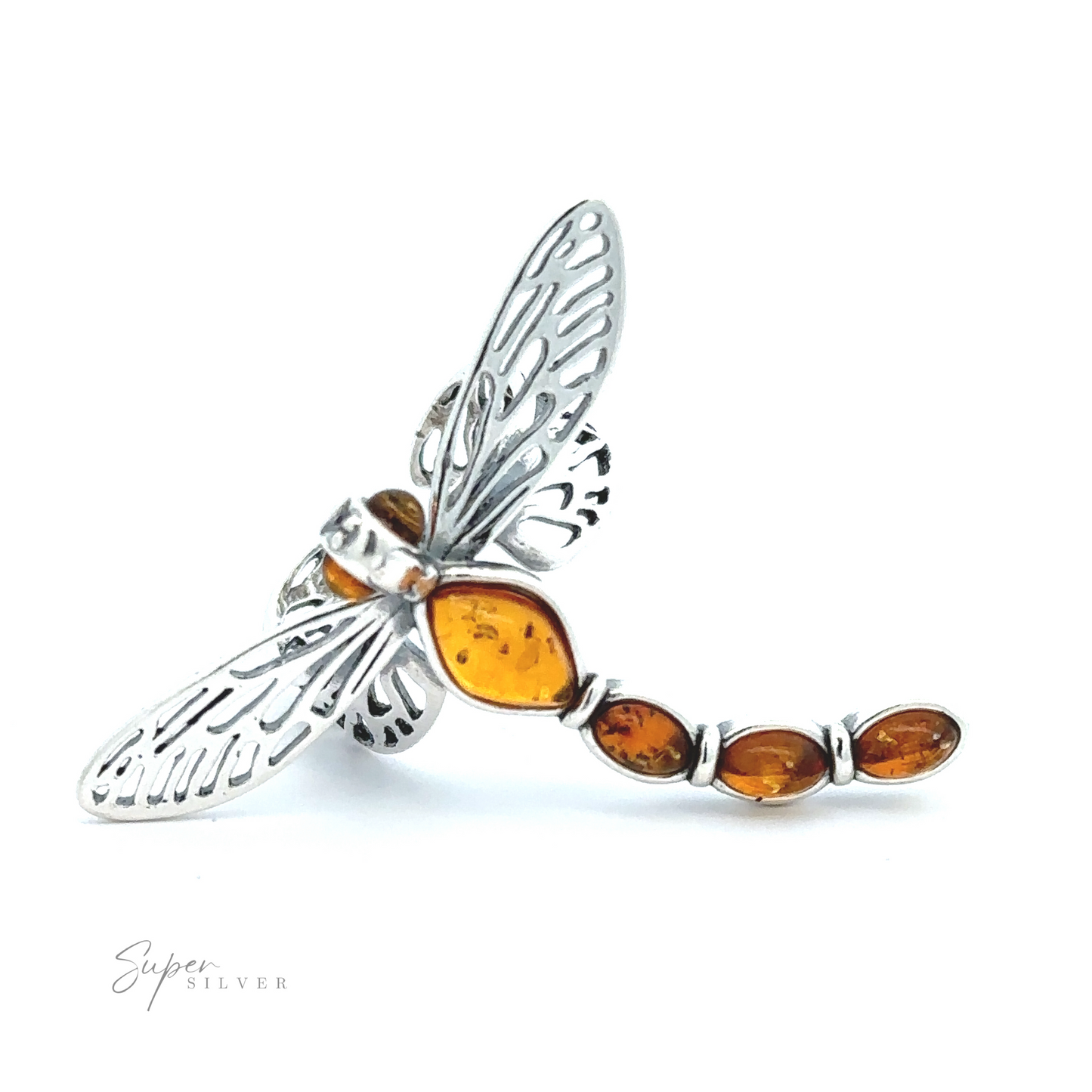 
                  
                    A silver dragonfly brooch featuring detailed wings and an amber gemstone body, this exquisite piece showcases nature-inspired jewelry. The Amber Dragonfly Adjustable Ring gleams beautifully against a plain white background.
                  
                