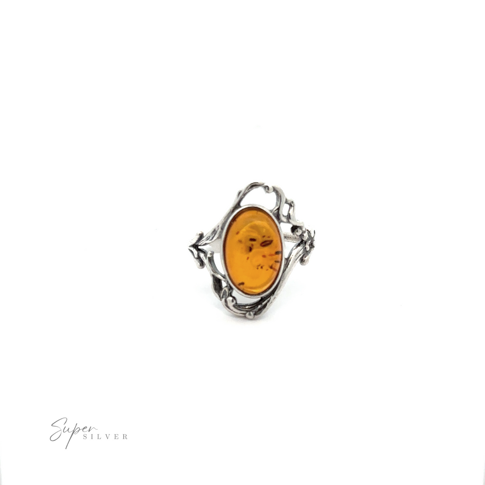 An Amber Ring with Vine Detailing featuring a vintage design with intricate patterns on the silver band is displayed against a plain white background. The text "Super Silver" is visible in the lower-left corner.