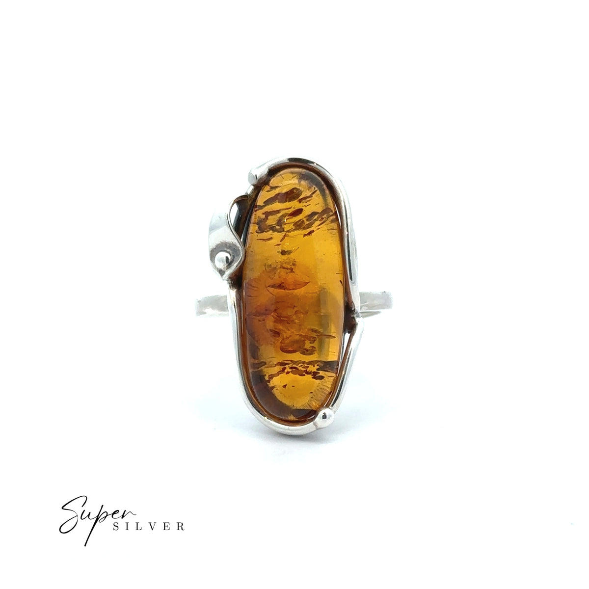 Oval amber gemstone set in a sterling silver ring with an asymmetrical calla lily setting, displayed upright on a white background. This striking Baltic Amber Ring with Calla Lily Setting features an adjustable bohemian flair. “Super Silver” logo in the bottom left corner.