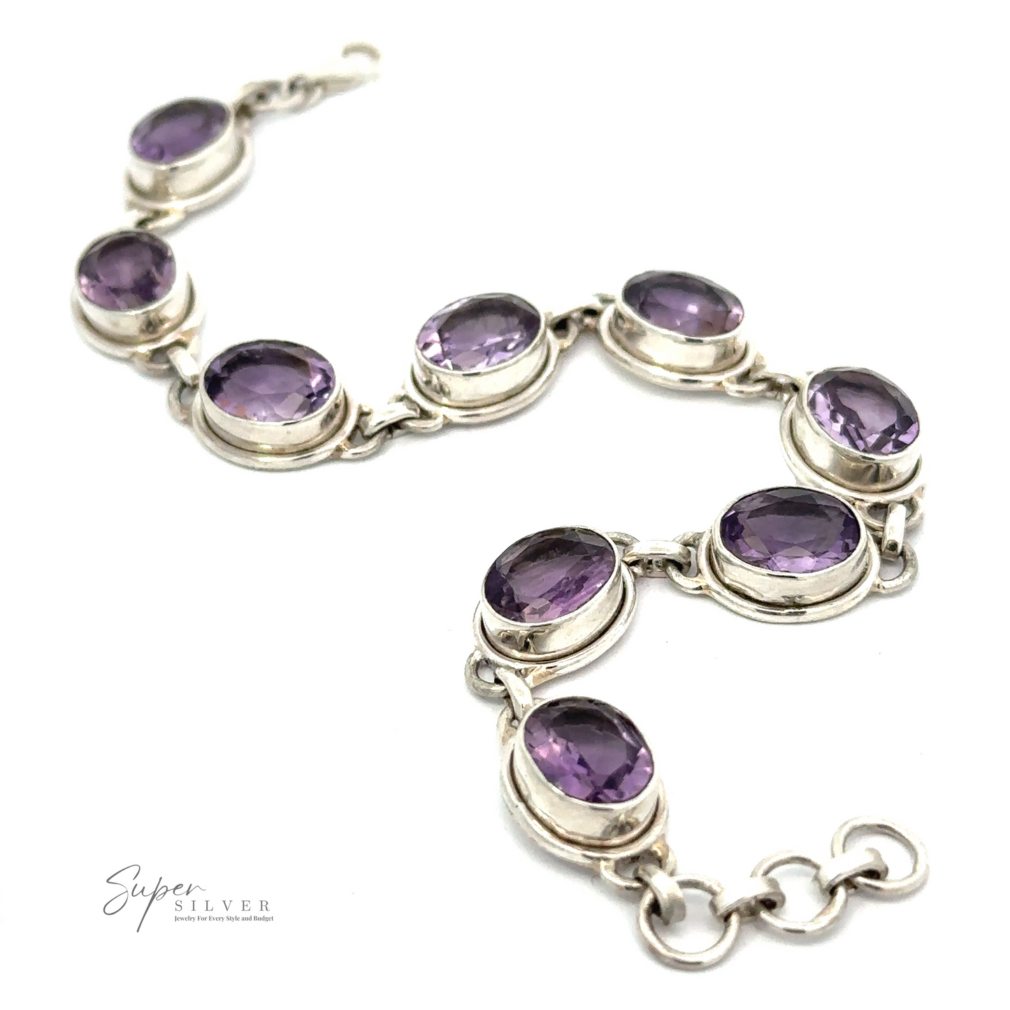 
                  
                    The Stunning Amethyst Bracelet is a sophisticated piece made of sterling silver, featuring seamlessly linked oval purple gemstones.
                  
                