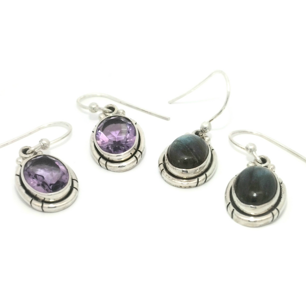 A pair of Oval Labradorite and Amethyst Dangle Earrings on a white background.