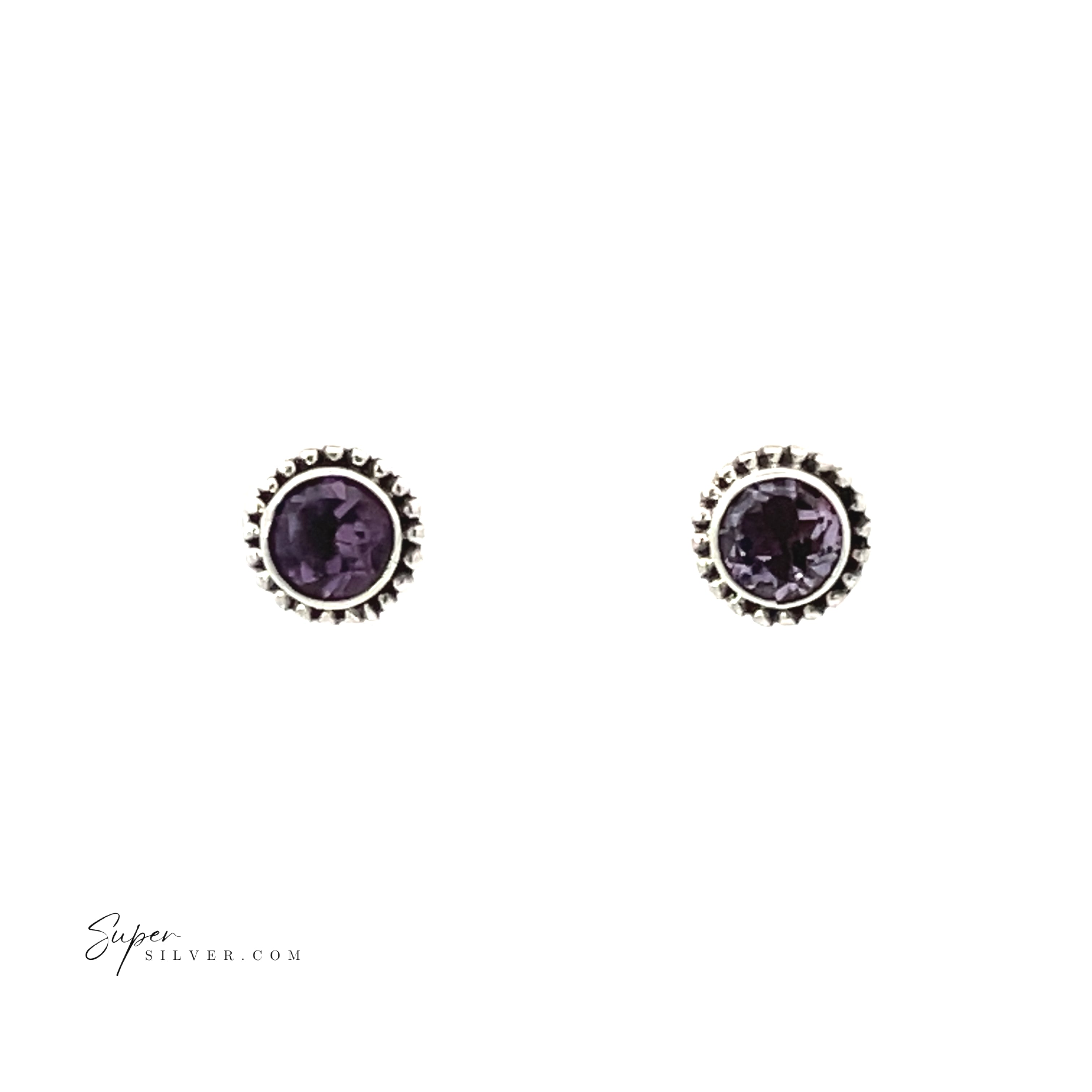 Beaded Round Faceted Gemstone Studs: These round sterling silver earrings feature purple faceted gemstones set in a decorative beaded bezel.