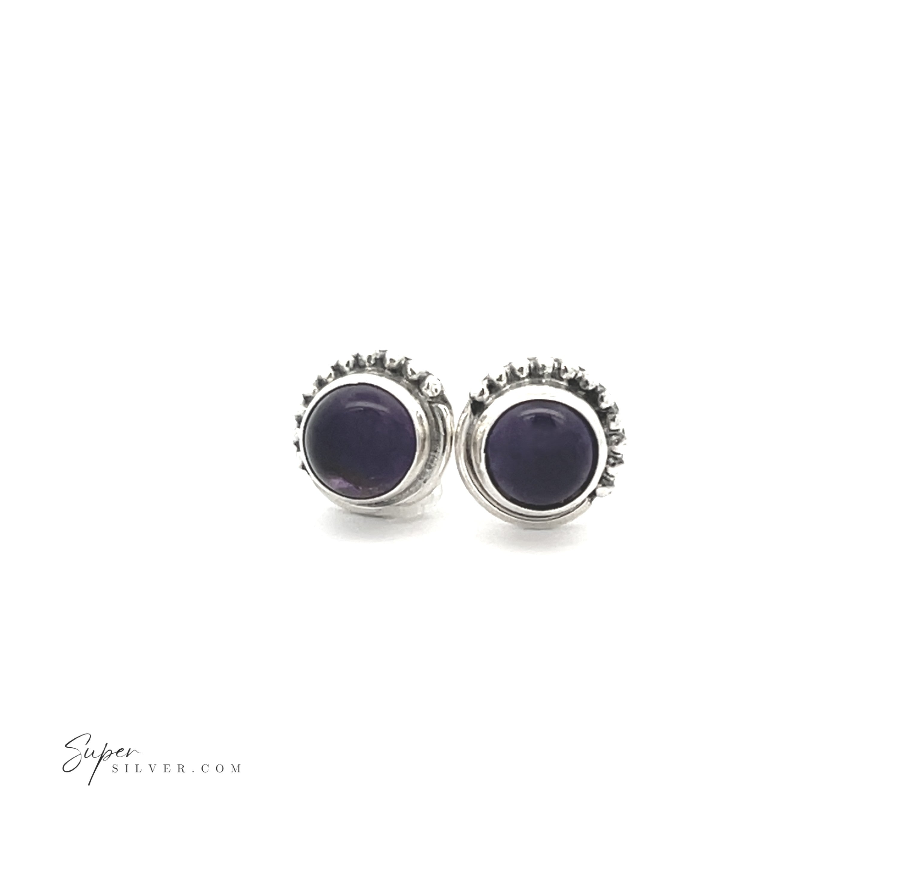 A pair of 5mm Gemstone Studs With Half Bead Design in sterling silver features round dark purple gemstones in bezel settings, displayed on a white background.
