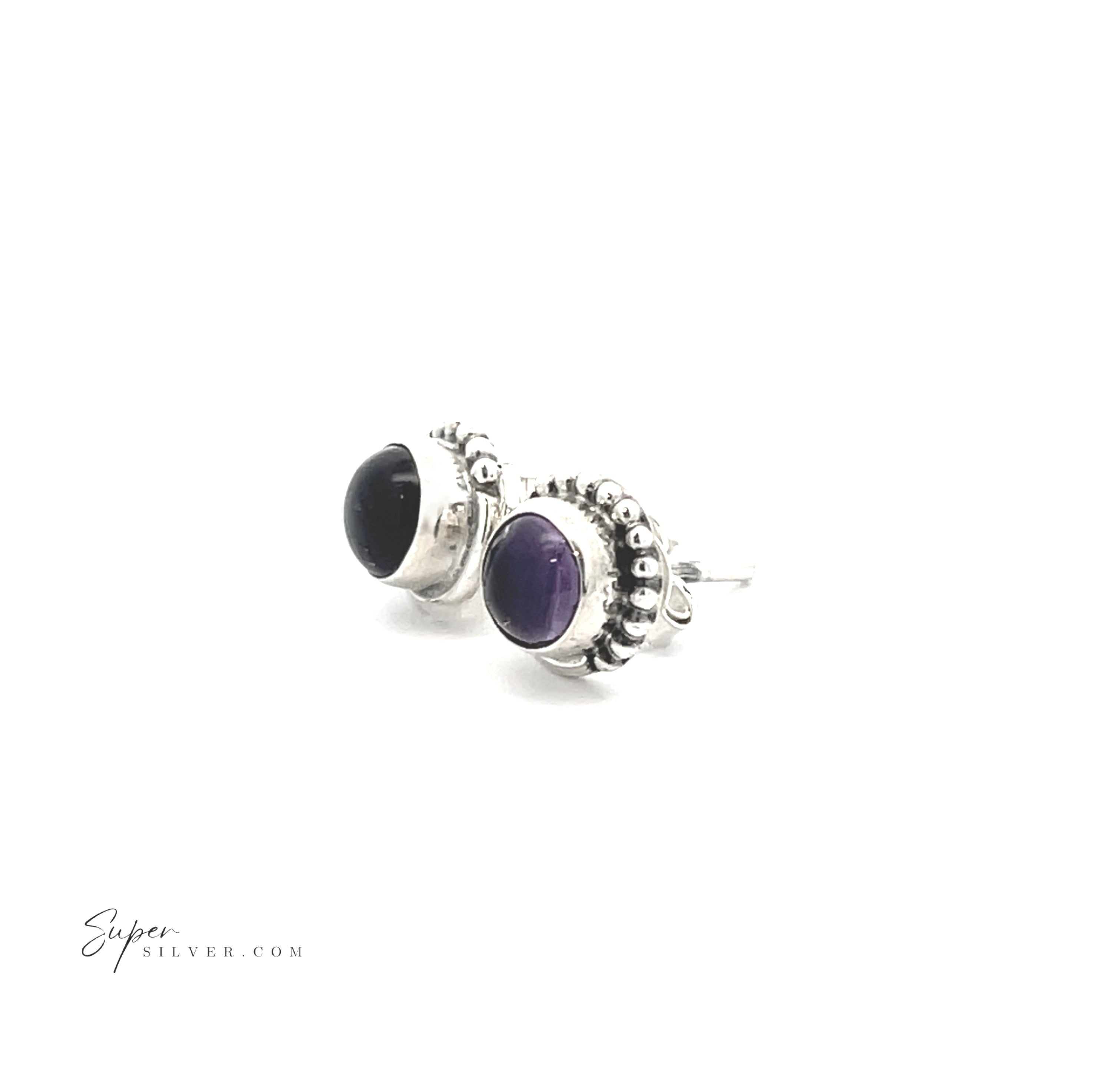 Two 5mm Gemstone Studs with a half bead design—one black, one purple—are showcased against a plain white background, highlighting the elegance of these sterling silver bezel-set earrings.