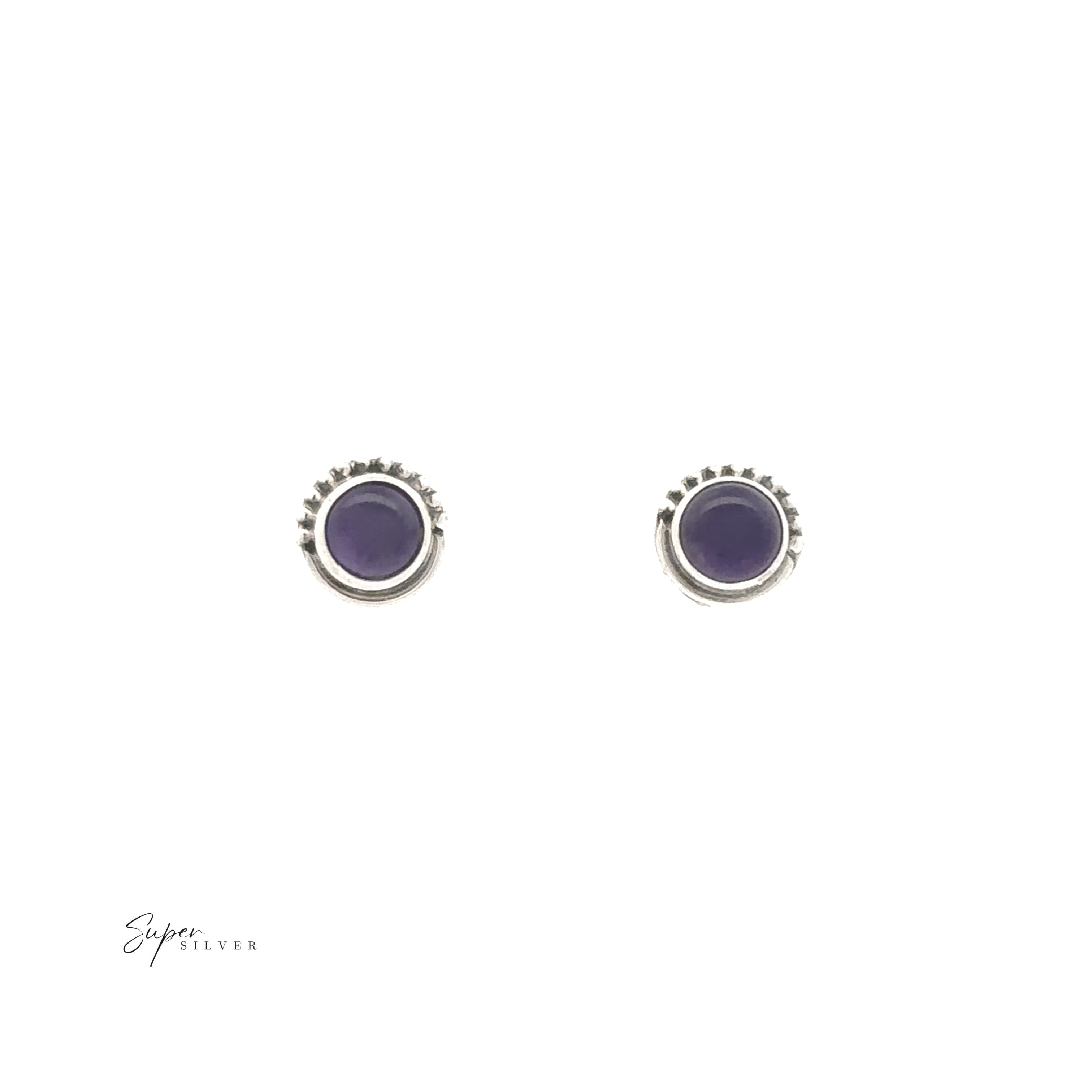 5mm Gemstone Studs With Half Bead Design—sterling silver earrings with purple gemstone centers and a beaded edge, shown on a white background with the "Super Silver" logo in the lower left corner.