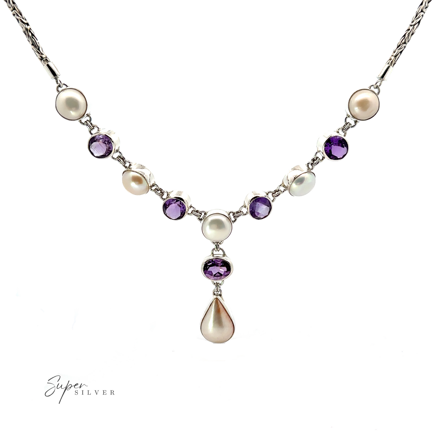 
                  
                    A Stunning Pearl and Gemstone Statement Necklace with alternating purple and white gemstones and pearls, featuring a central teardrop-shaped pearl. The logo "Super Silver" is visible in the bottom left corner.
                  
                