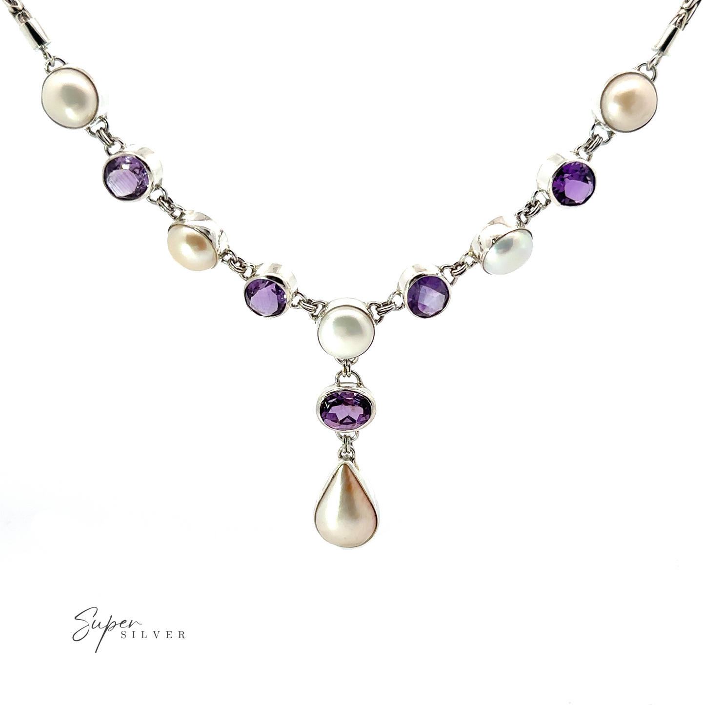 A Stunning Pearl and Gemstone Statement Necklace featuring alternating purple gemstones and pearls, with a central drop-shaped pearl pendant. Text on the lower left reads "Super Silver.