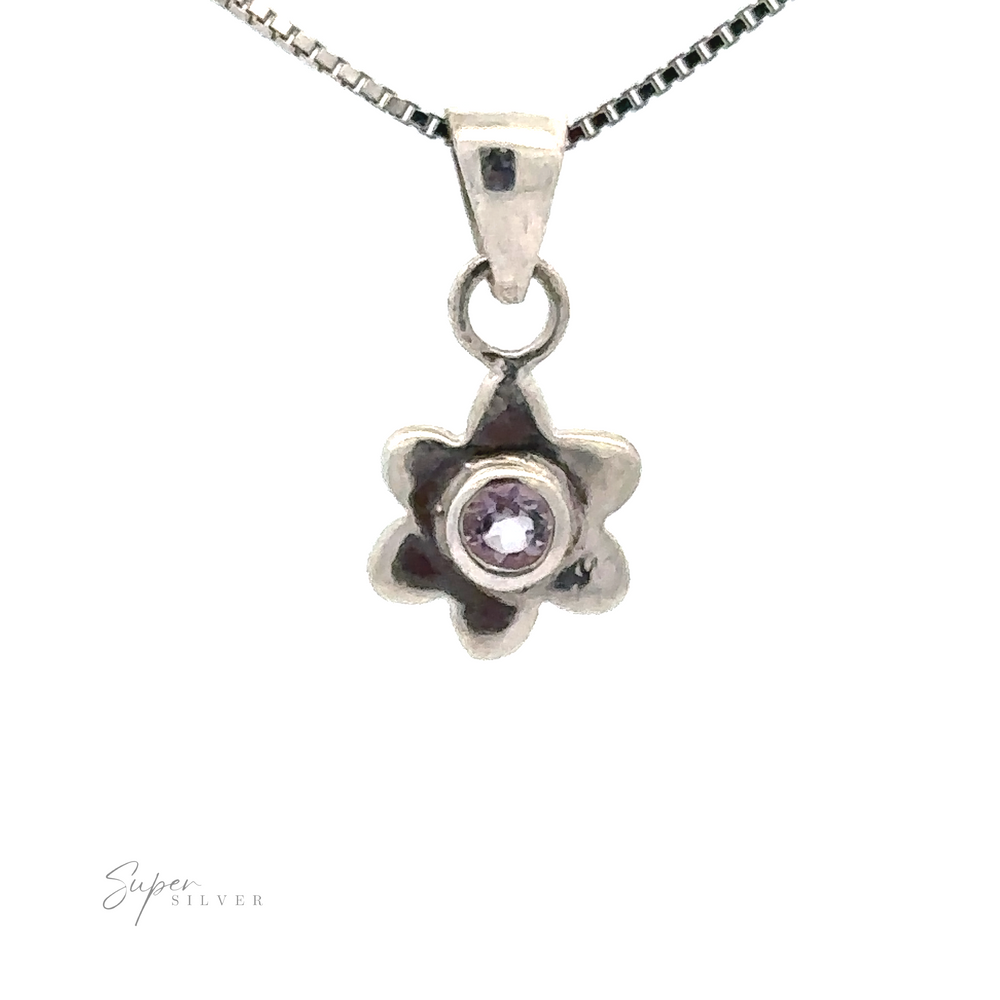 
                  
                    A Tiny Gemstone Flower Pendant with a small purple gemstone center on a silver chain. "Super Silver" is written in the bottom left corner.
                  
                
