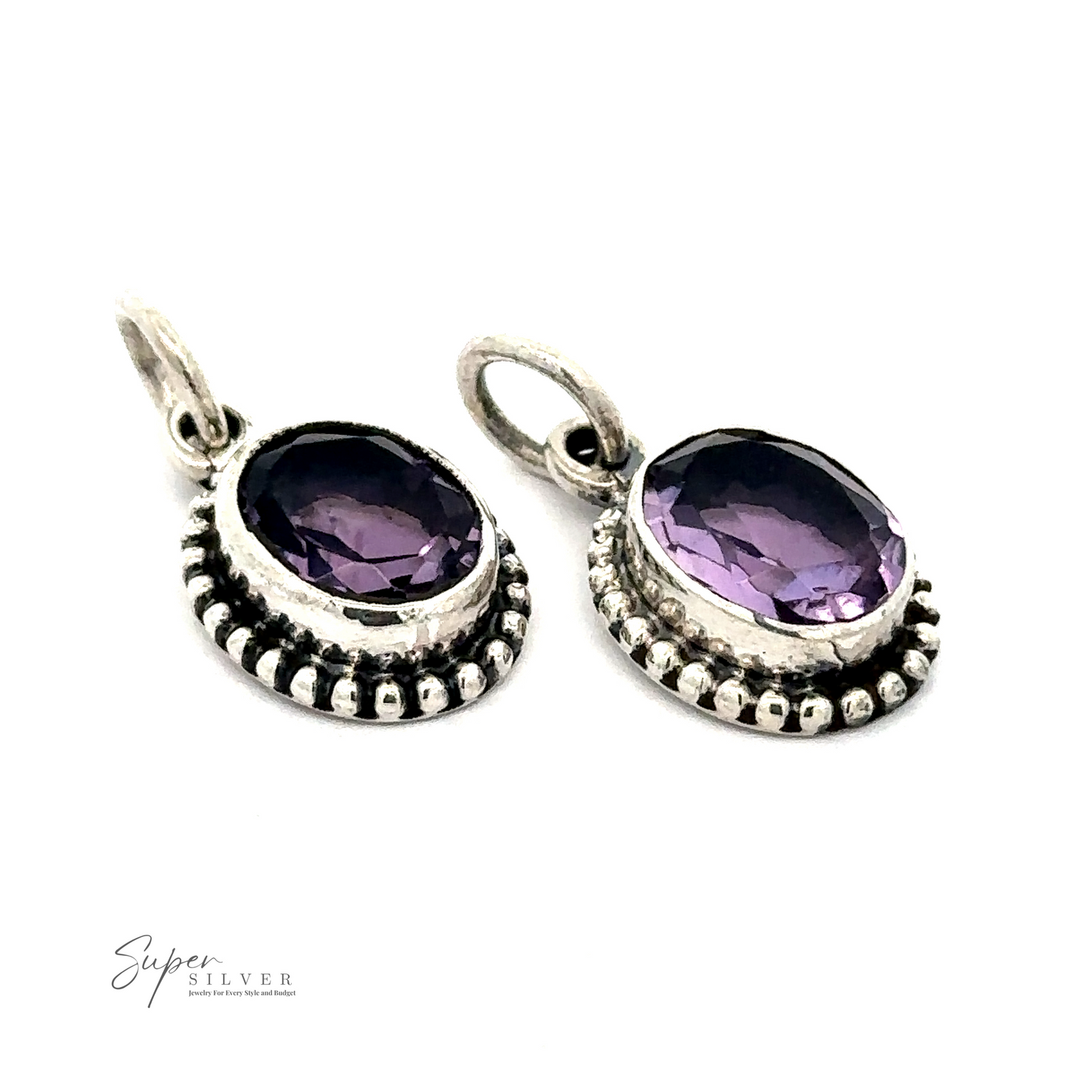 
                  
                    Two oval-shaped sterling silver pendants with soothing purple gemstones and intricate beadwork around the edges. The word "Oval Faceted Amethyst Pendant" is visible in the bottom left corner.
                  
                