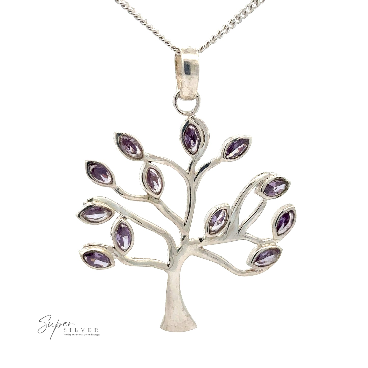 
                  
                    A Tree of Life Pendant with Stone Leaves featuring faceted stone leaves in a vibrant purple hue. The .925 sterling silver chain is visible, and a small logo graces the lower left corner.
                  
                