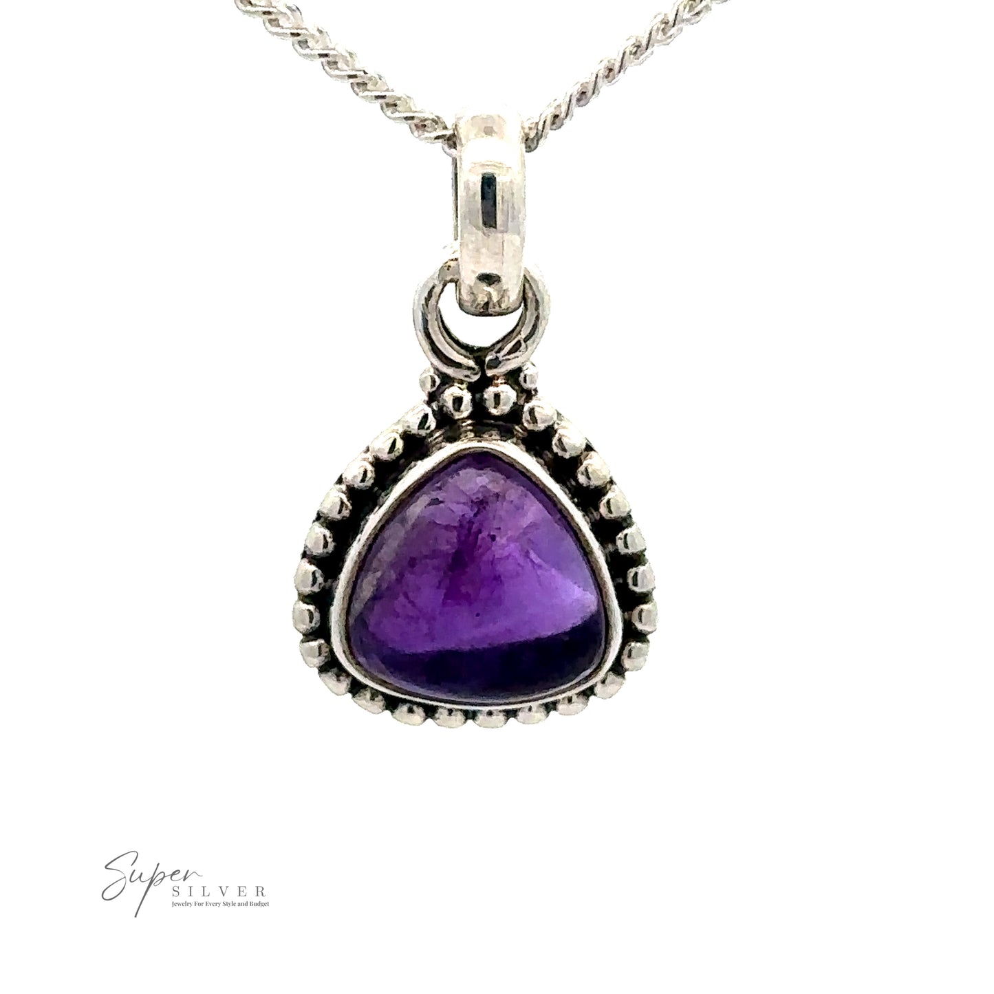 A close-up of a sterling silver necklace pendant featuring a triangular-shaped purple gemstone surrounded by a beaded edge design. The pendant is attached to a twisted chain. The text "Beautiful Triangular Shape Stone Pendant With Beaded Design" is in the bottom left corner.